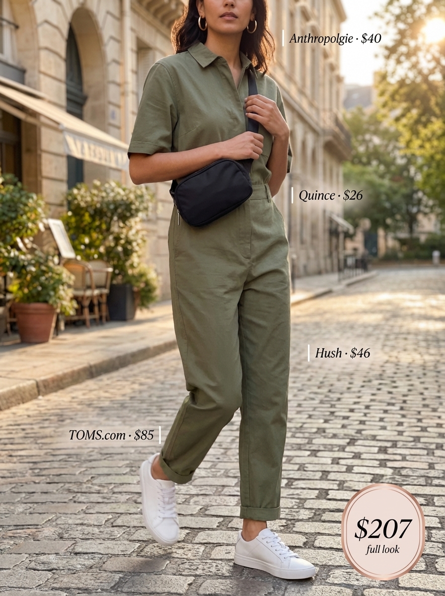 Utility Chic Explorer: Modern Summer Fits 2024 A khaki green utility jumpsuit with white sneakers, a black mini belt bag, and gold hoops, featuring modern summer fits.