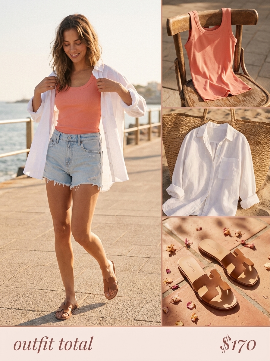 Weekend Wanderlust: Casual Summer Fits 2024 Casual summer fits for weekend wear: light wash denim shorts, a coral ribbed tank, a white oversized linen shirt, tan leather sandals, and a canvas tote bag.