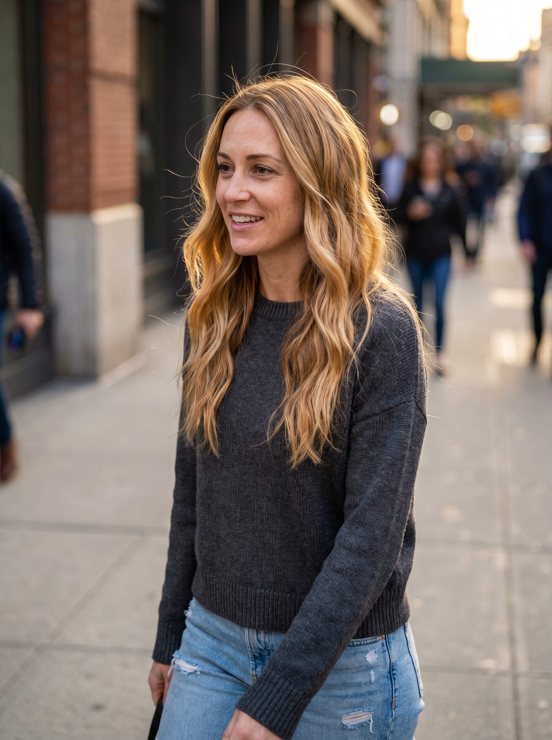 Close-up of a model with sun-kissed nectar blonde 'pinch' waves. This sophisticated hairstyle is perfect for everyday wear, date nights, or weekend brunch, showcasing an effortless yet luxurious look. Use a flat iron and heat protectant for defined, frizz-controlled summer hair ideas for blondes 2026.