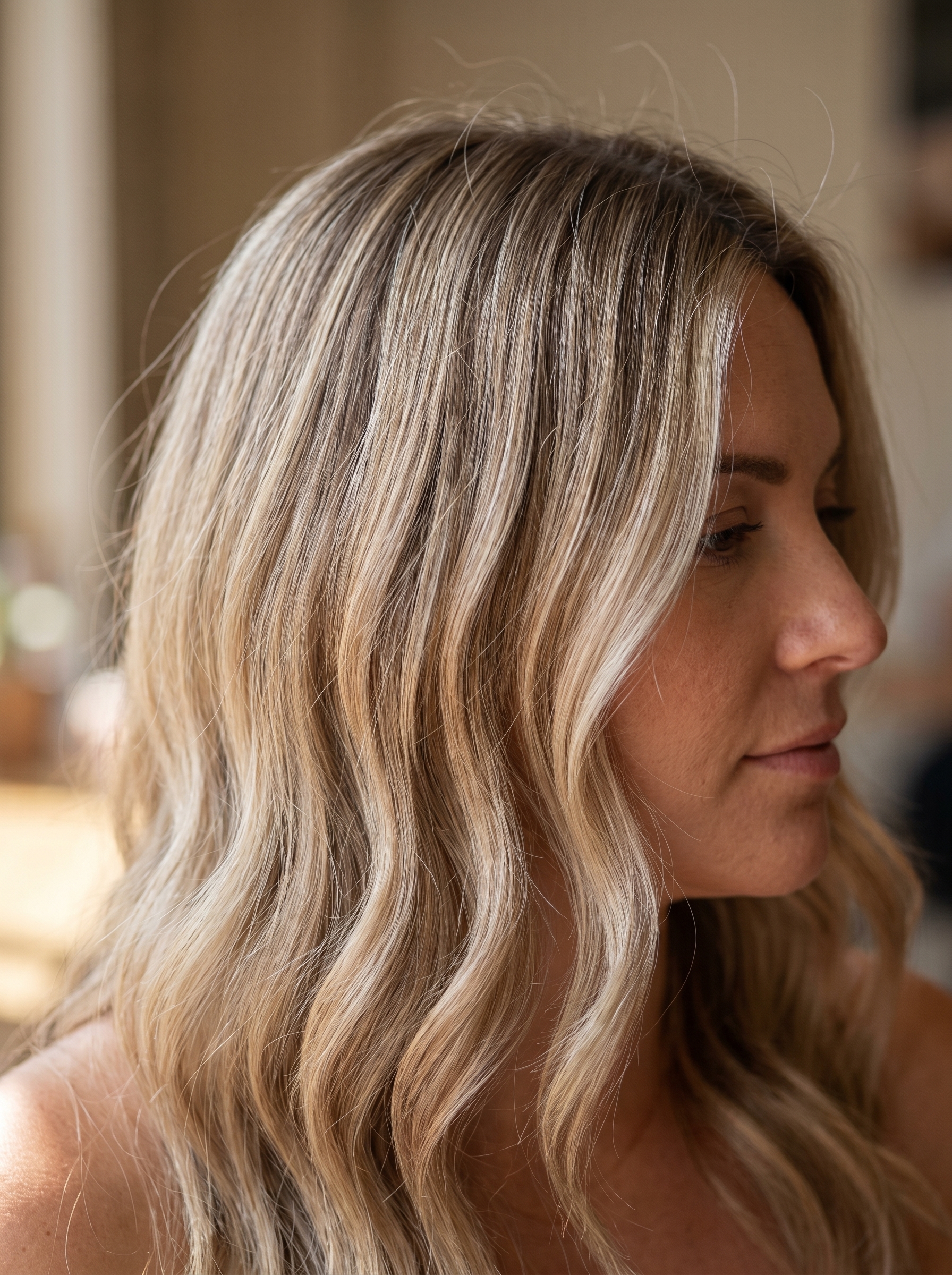 Natural mushroom blonde balayage with a root smudge, a sophisticated cool-toned option for summer hair ideas for blondes. This earthy hairstyle is perfect for everyday wear and casual outings.