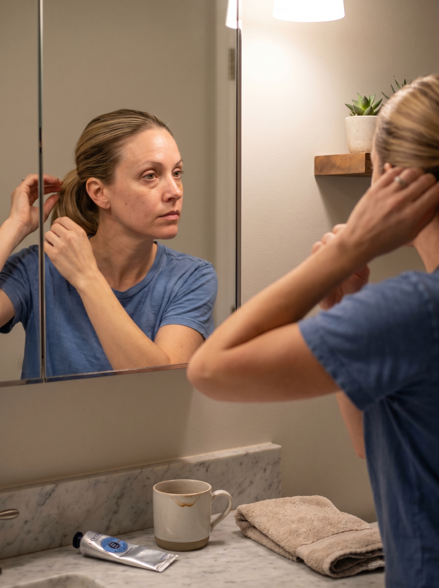 Clean linen blonde slick-back ponytail, ideal for everyday or gym, showcasing minimalist summer hair ideas for blondes. This sporty chic look uses strong hold gel and a boar bristle brush for a sleek, frizz-free finish.