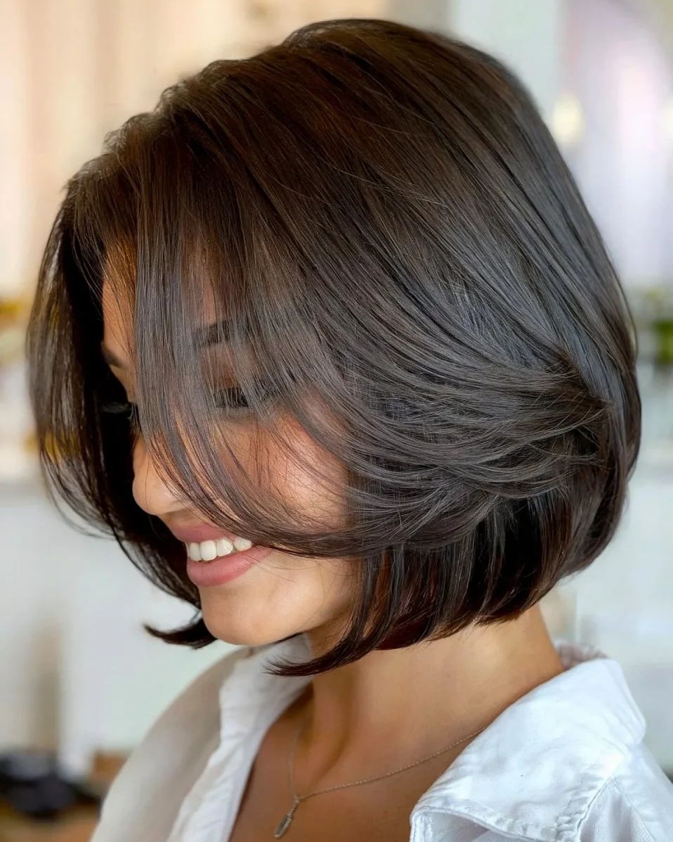 A woman with a chic, layered bob haircut, perfect for summer haircuts inspiration 2026. The hair is light brown with subtle highlights, framing her face beautifully, ideal for warm weather.