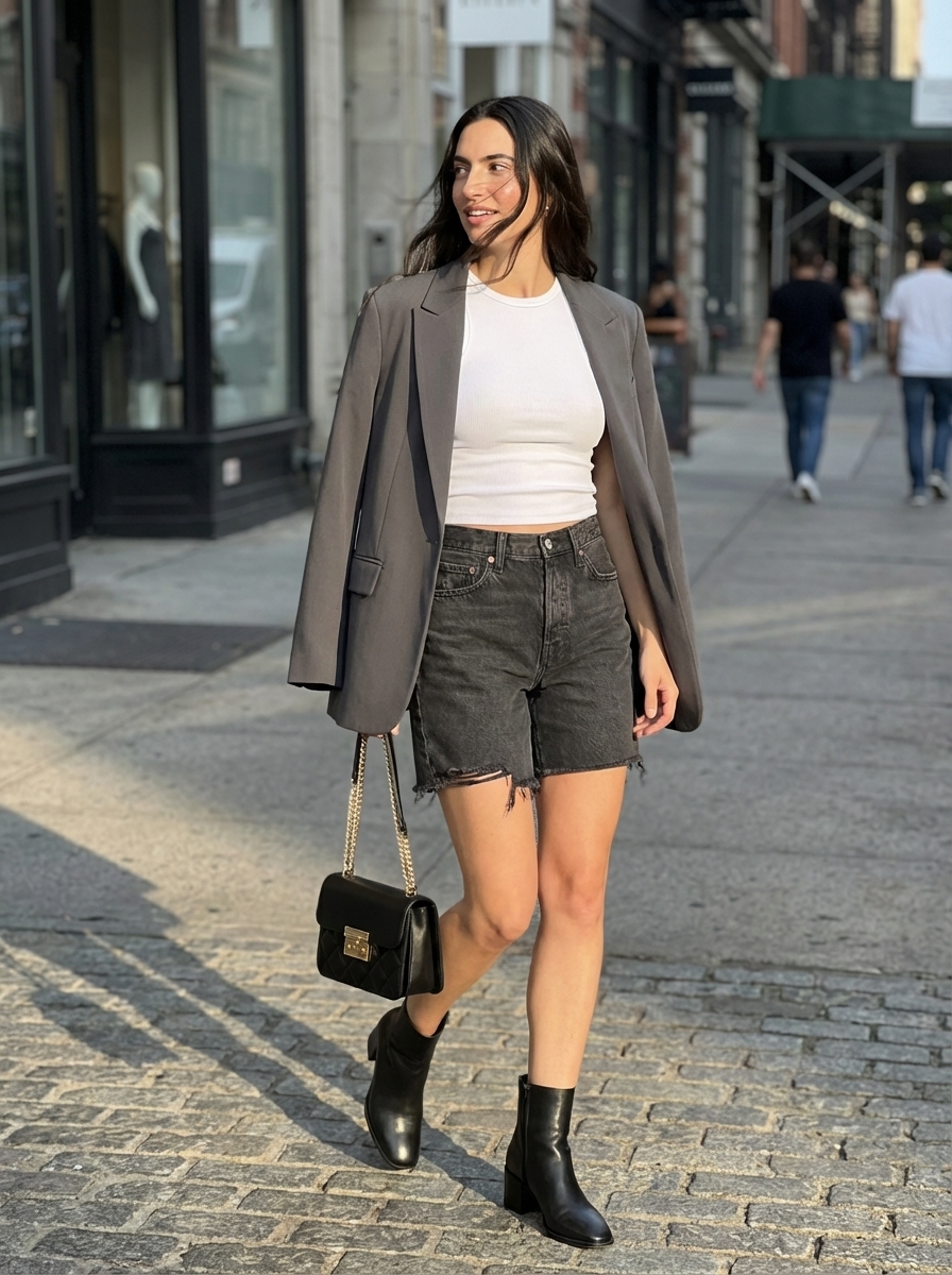 Smart casual charcoal grey blazer layered over a white ribbed tank with distressed black denim shorts and ankle boots, a chic summer to fall transition outfit for city outings.