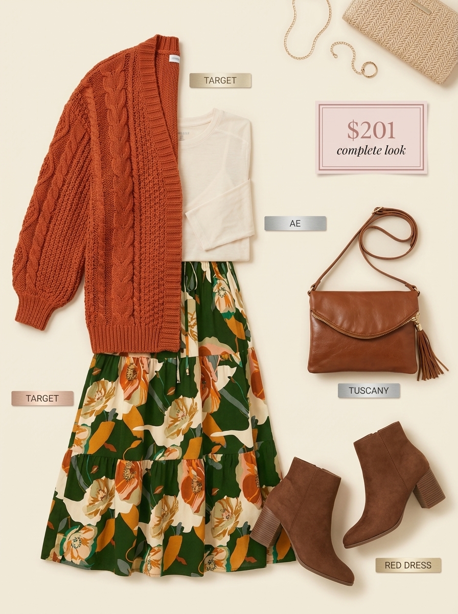 A bohemian-inspired deep teal and rust floral midi skirt paired with a cream long-sleeve top and an oversized rust cardigan, perfect for summer to fall transition outfits. Styled with dark brown ankle boots and a tan crossbody bag for a relaxed brunch or market look.