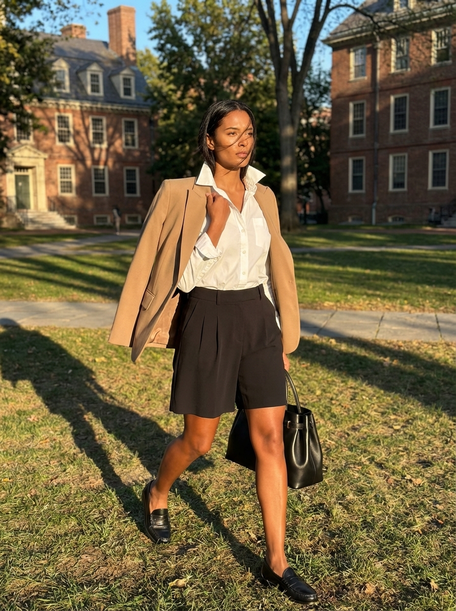A polished preppy camel blazer, white button-down, and black crepe tailored shorts, excellent for summer to fall transition outfits. Styled with black penny loafers and a structured satchel, suitable for a campus or smart-casual meeting.