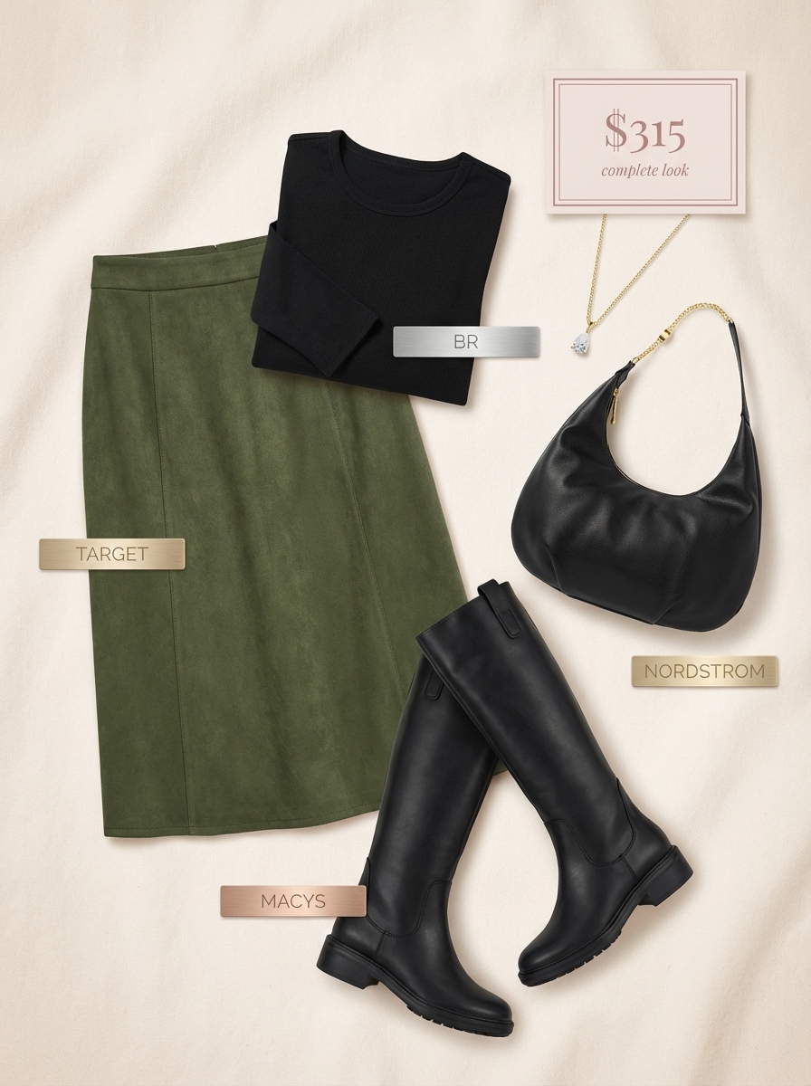 Chic city stroll summer to fall transition outfit featuring an olive green midi skirt, black long-sleeve top, and knee-high boots, perfect for urban adventures and brunch.