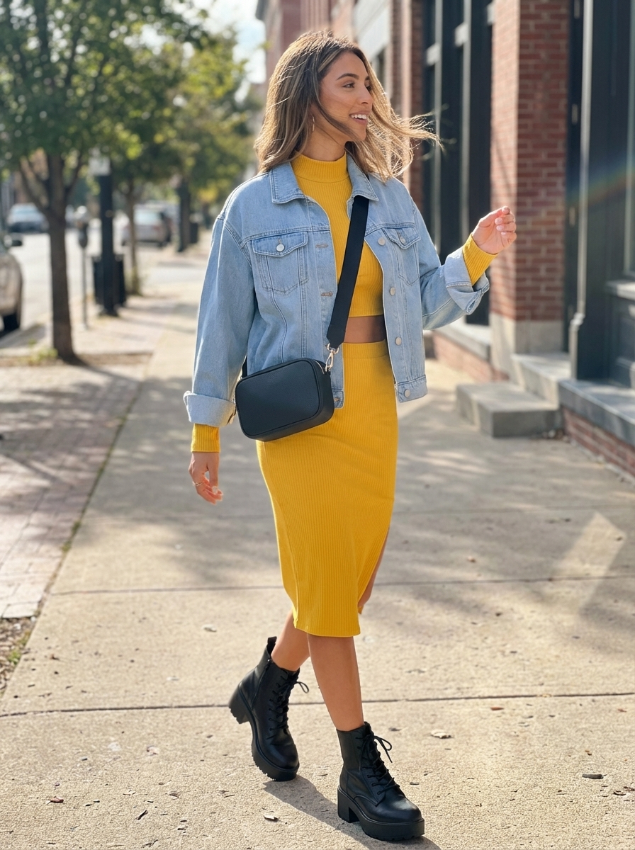 A trendy 'Autumn Festival Fun' outfit, an exciting option for summer to fall transition outfits. It includes a mustard yellow ribbed knit crop top and midi skirt matching set, layered with a distressed light wash denim jacket. Black chunky platform combat boots and a faux leather crossbody camera bag complete this playful, edgy festival look.