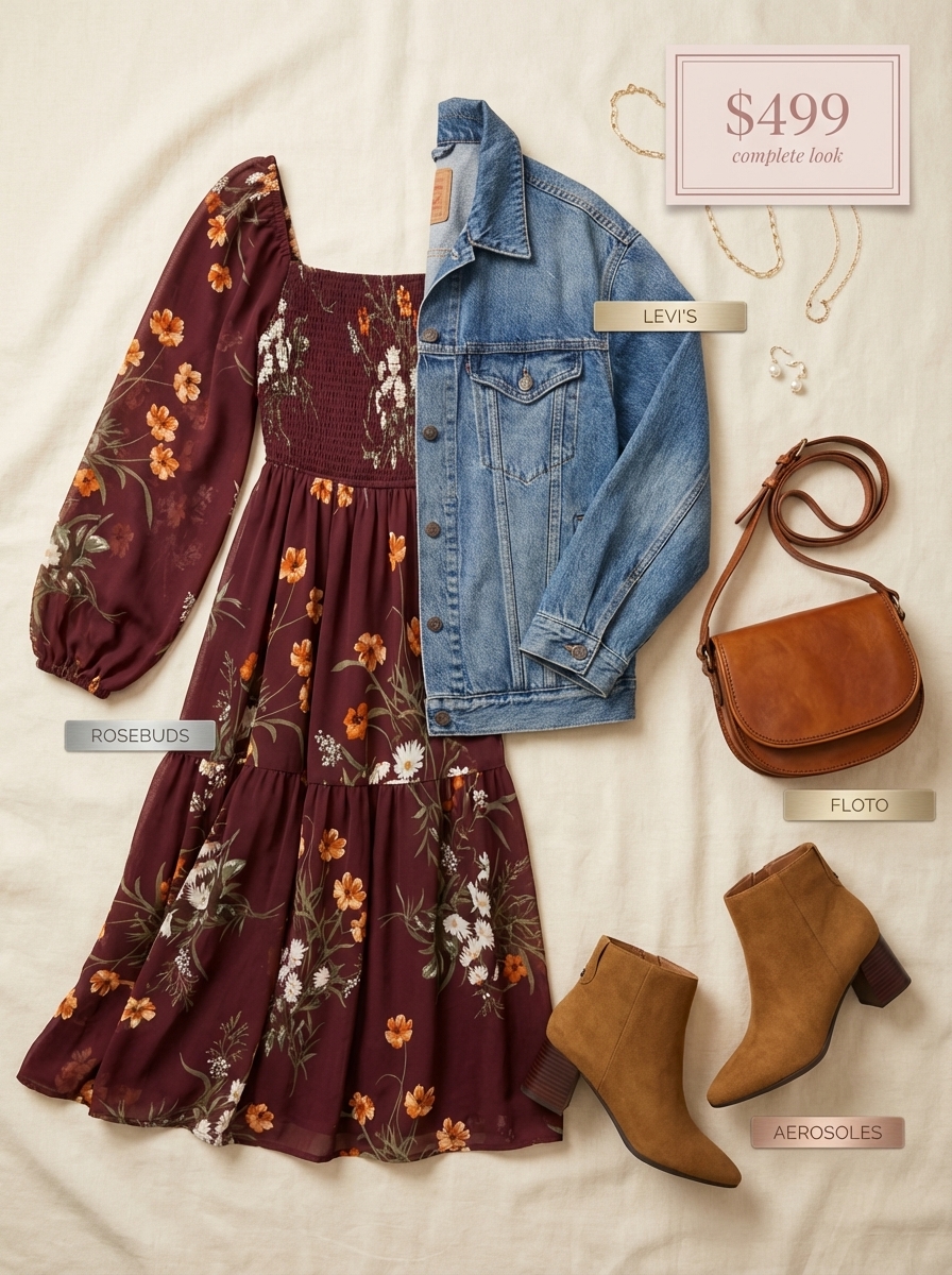 Playful burgundy floral midi dress with a denim jacket and tan ankle boots, a perfect summer to fall transition outfit for autumn orchard adventures.