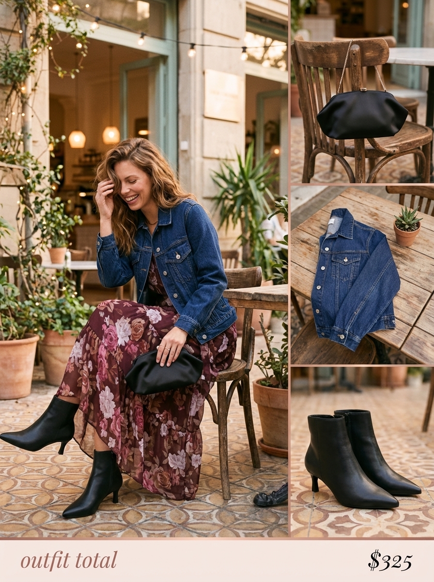 Romantic dark floral print chiffon maxi dress with an indigo denim jacket and black ankle boots, a feminine summer to fall transition outfit for date night.