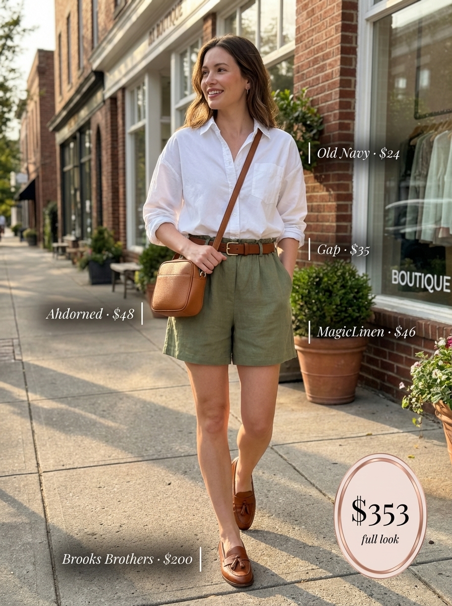 A fresh preppy look featuring forest green tailored shorts with an oversized white button-down shirt, an ideal summer to fall transition outfit. Completed with camel leather loafers, a matching crossbody bag, and a thin belt for campus or smart casual outings.