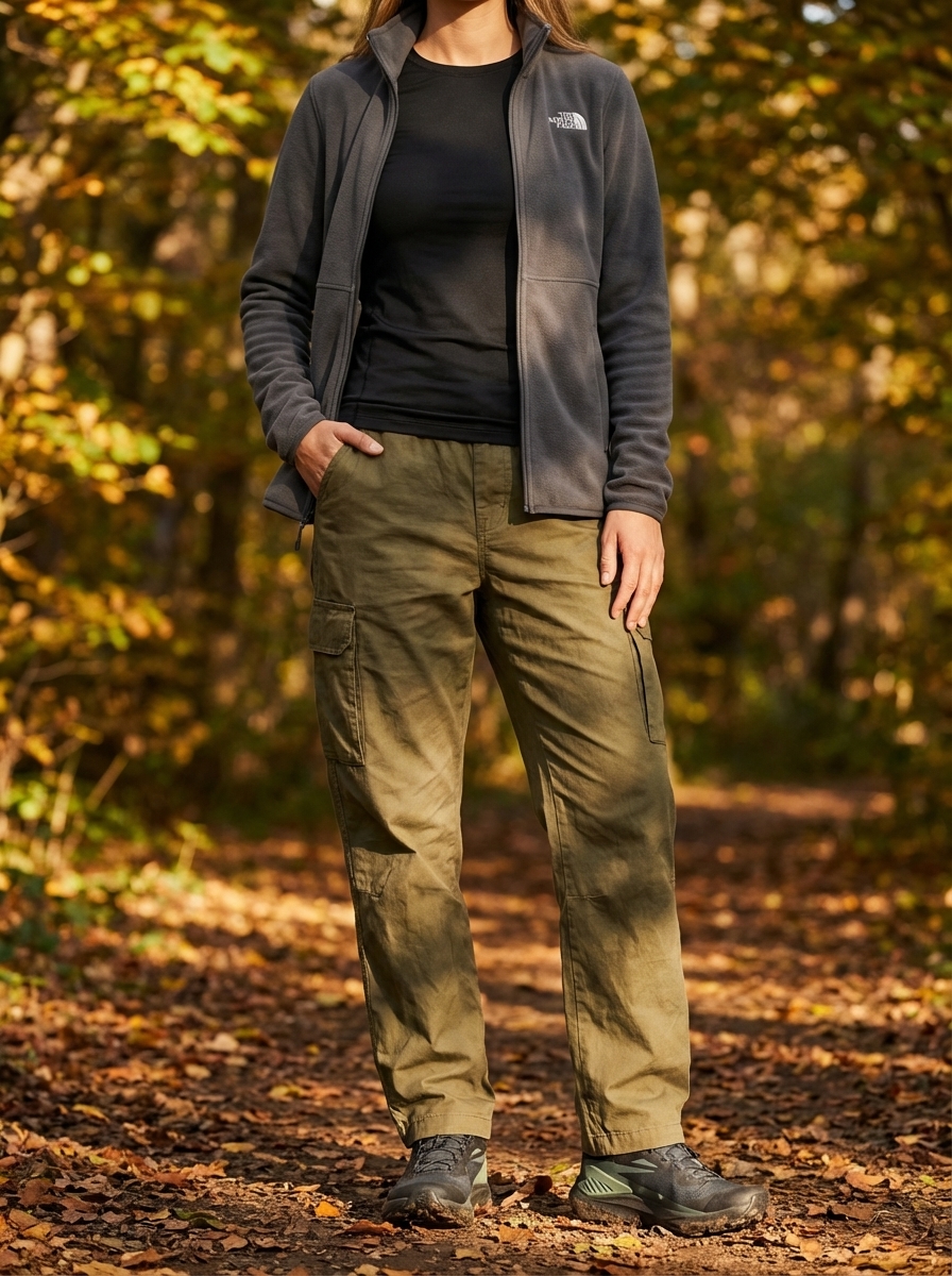Practical forest green cargo pants with a charcoal fleece jacket and trail running sneakers, a comfortable summer to fall transition outfit for casual hikes.