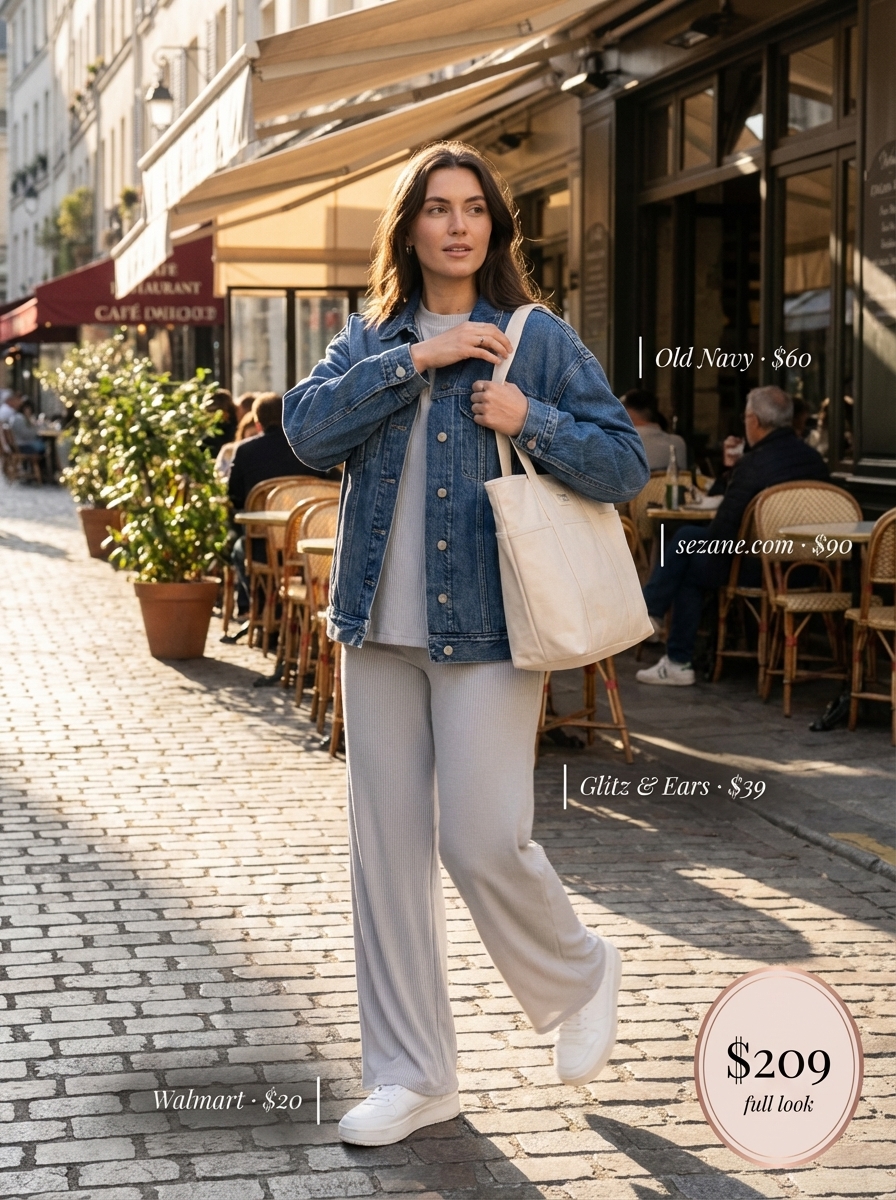 A woman wears a comfortable 'Transitional Weekend Getaway' outfit, perfect for summer to fall transition outfits. She's dressed in a light grey ribbed knit short-sleeve top and wide-leg pant set, topped with a medium wash oversized denim jacket. White platform sneakers and a large canvas tote bag complete this relaxed travel look.