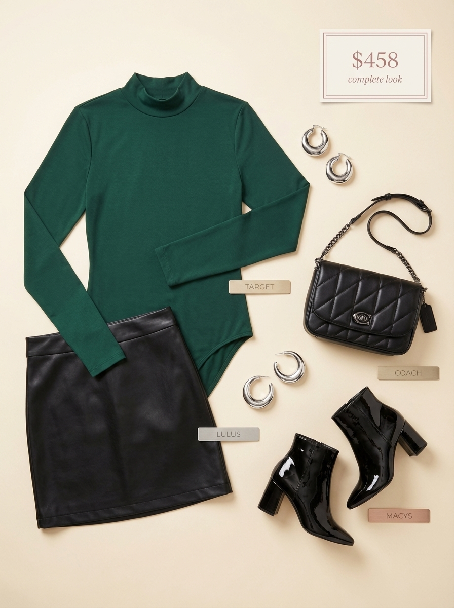 An edgy 'Evening Transition' outfit, a bold option for summer to fall transition outfits. It features a deep emerald green long-sleeve bodysuit paired with a black faux leather mini skirt and patent leather ankle boots. A quilted shoulder bag and chunky silver hoop earrings add a chic, modern finish for a night out.