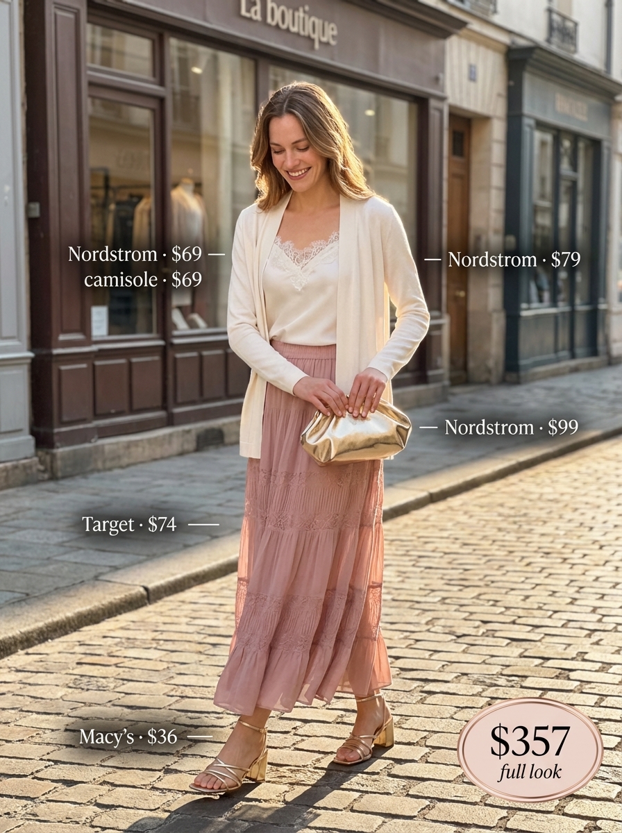 A romantic 'Sunset Date Night' outfit, ideal for summer to fall transition outfits. This ensemble features a flowy dusty rose tiered maxi skirt, an ivory lace-trimmed camisole, and an ivory fine-gauge knit cardigan. Metallic gold strappy sandals and a clutch complete this elegant look for an evening gathering.