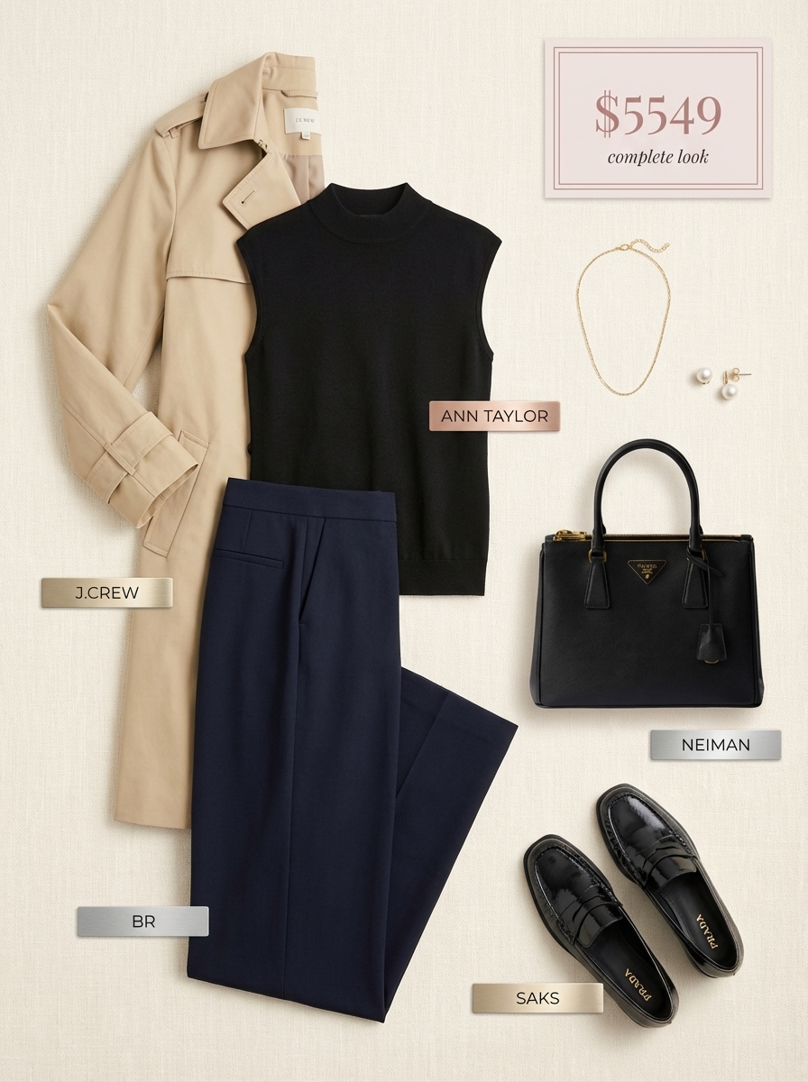 A sophisticated navy wide-leg trousers outfit with a black mock-neck top and a beige trench coat, perfect for summer to fall transition outfits. Styled with black patent loafers and a structured satchel for a professional office or lunch meeting.