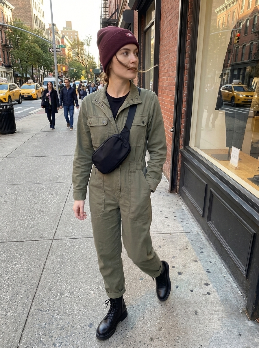 Edgy khaki utility jumpsuit with a black t-shirt, combat boots, and a burgundy beanie, a practical summer to fall transition outfit for urban explorers.