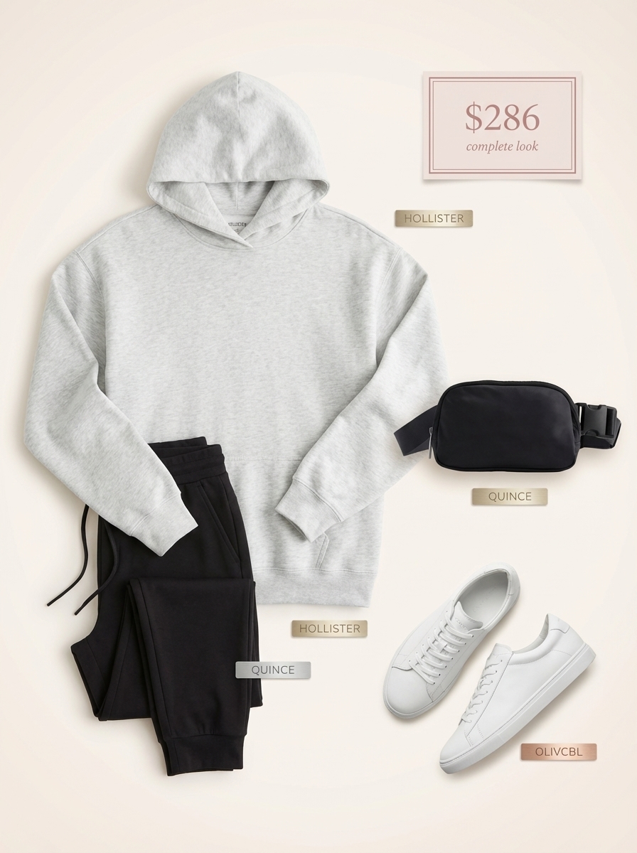 A relaxed 'Weekend Retreat Comfort' outfit, perfect for summer to fall transition outfits. It includes a heather grey oversized fleece hoodie, black tailored joggers, and white leather sneakers. A black nylon belt bag worn crossbody adds convenience for a weekend getaway or casual day out.