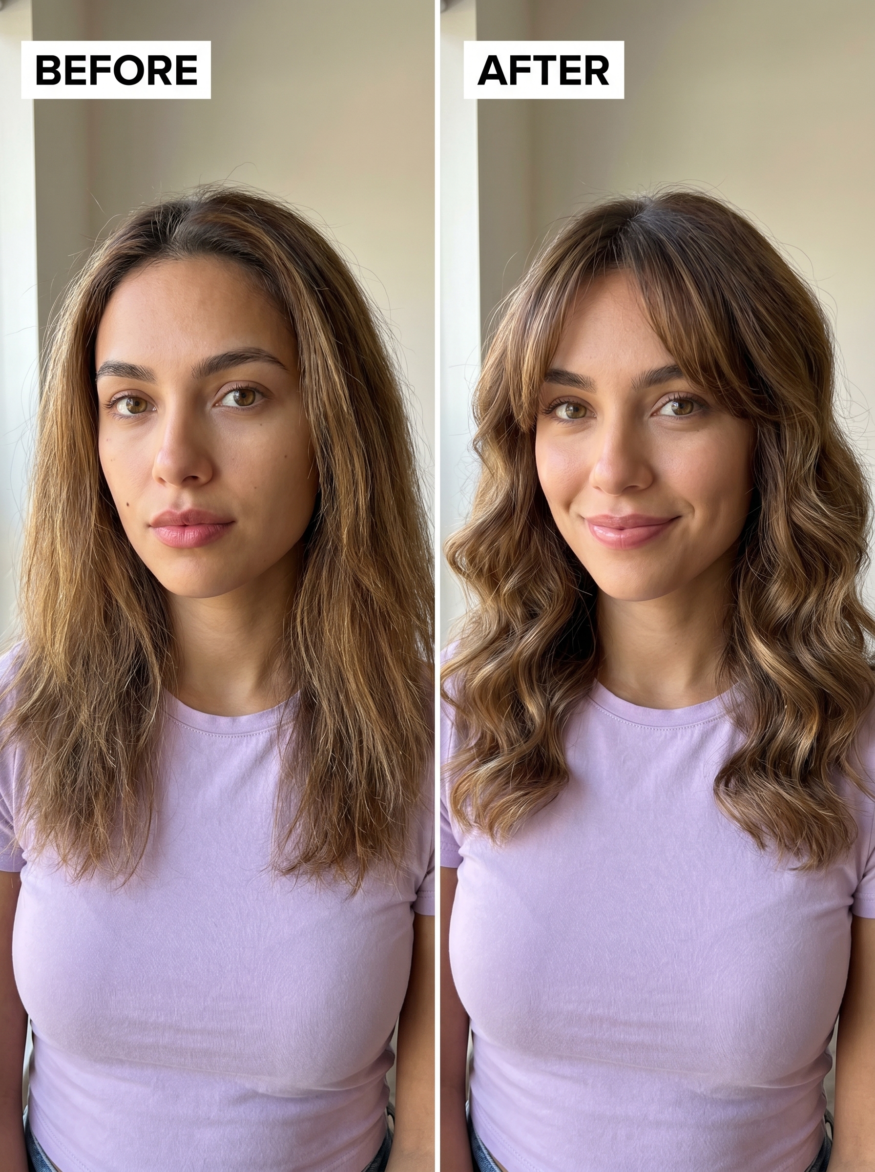 Romantic Bardot Fringe with soft waves, a feminine vintage style perfect for everyday wear, date night, or casual outings. This look is one of the top summer hairstyles 2026 for a charming vibe, featuring a medium round brush and large barrel curling iron.