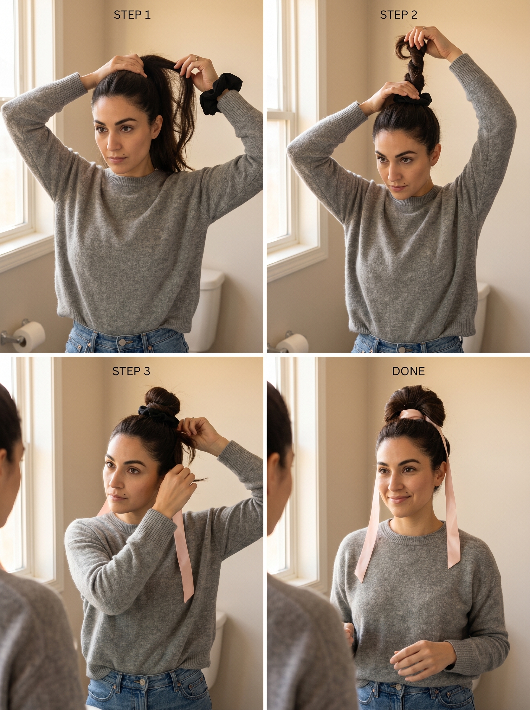 Romantic Garden Coquette Ribbon-Wrapped Top Knot, a feminine and elegant style using pastel/floral ribbons. This charming look is one of the top summer hairstyles 2026, suitable for everyday, date night, and wedding guests, secured with a soft scrunchie.