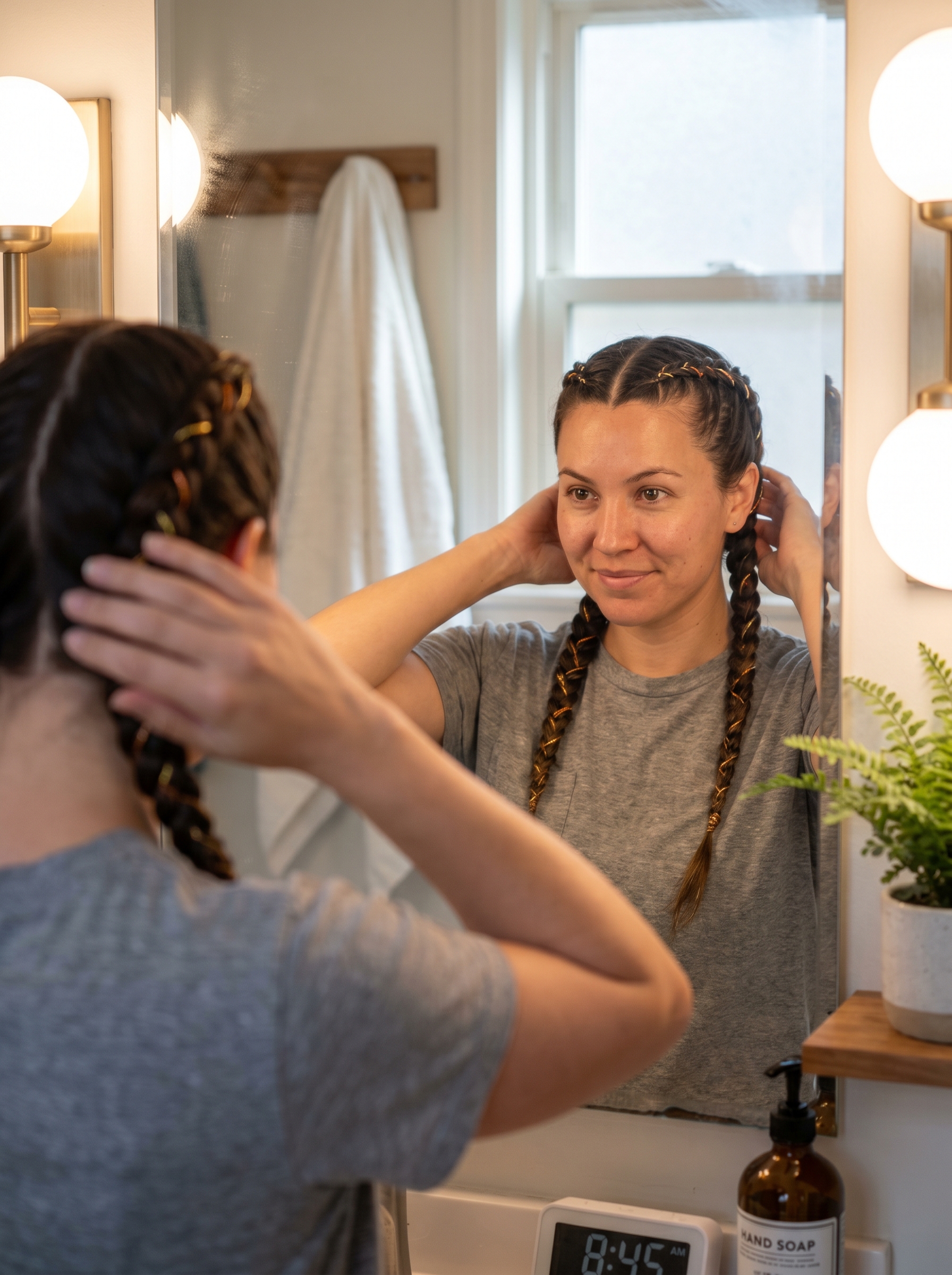 Sleek Scandi-Slick Braids with Metallic Thread, a modern and edgy minimalist style for everyday, work, date night, or festivals. This futuristic look is one of the top summer hairstyles 2026, created using a boar bristle brush and metallic thread.