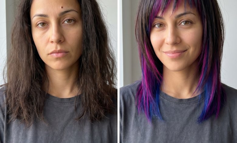 An edgy 'Bio-Glitch Asymmetrical Fringe with Vivid Peek-a-boos', a bold and experimental trendy haircut for summer 2026. Features neon green/pink/blue semi-permanent colors peeking through a natural base fringe, perfect for festivals or creative events.