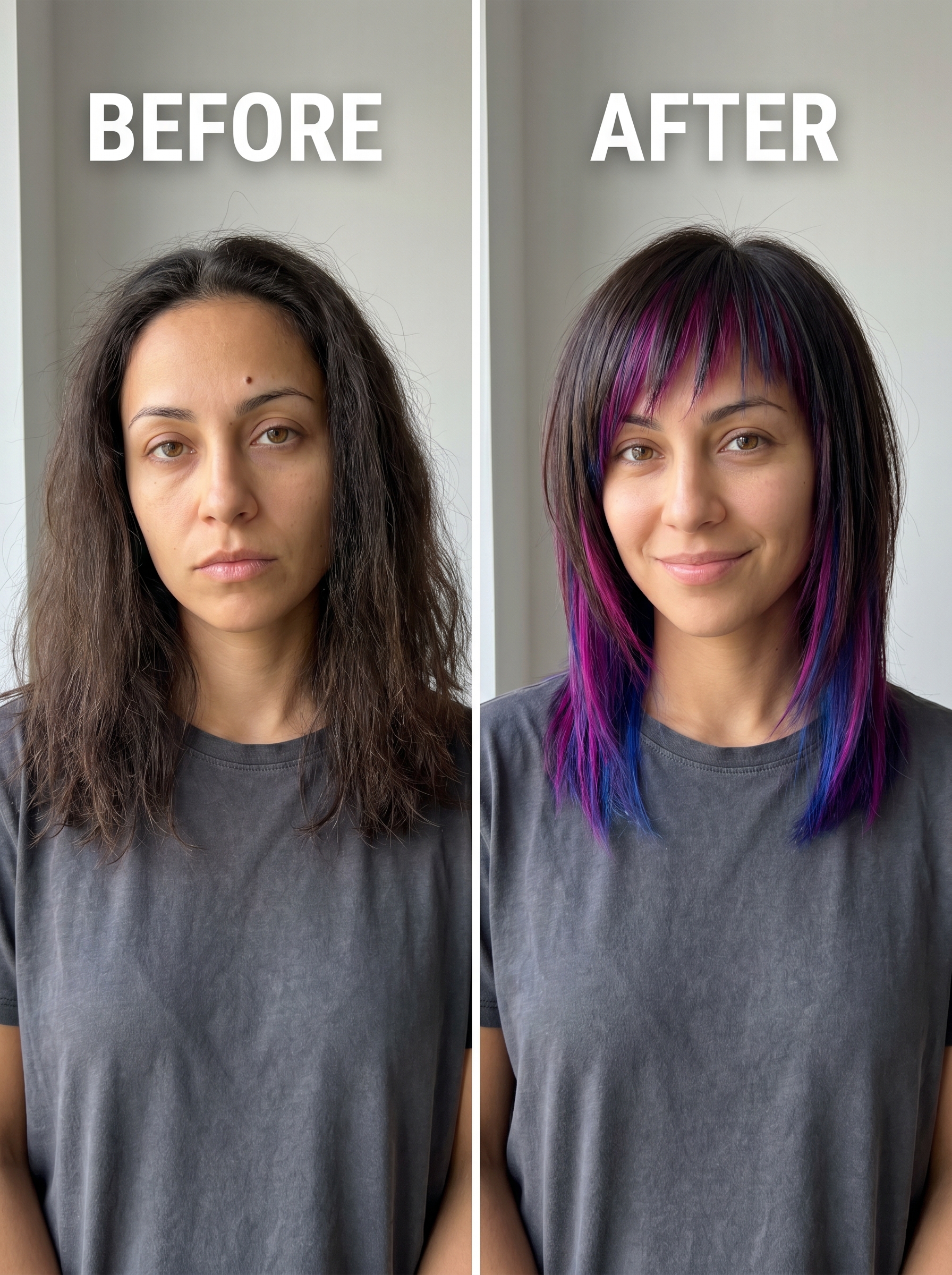 An edgy 'Bio-Glitch Asymmetrical Fringe with Vivid Peek-a-boos', a bold and experimental trendy haircut for summer 2026. Features neon green/pink/blue semi-permanent colors peeking through a natural base fringe, perfect for festivals or creative events.