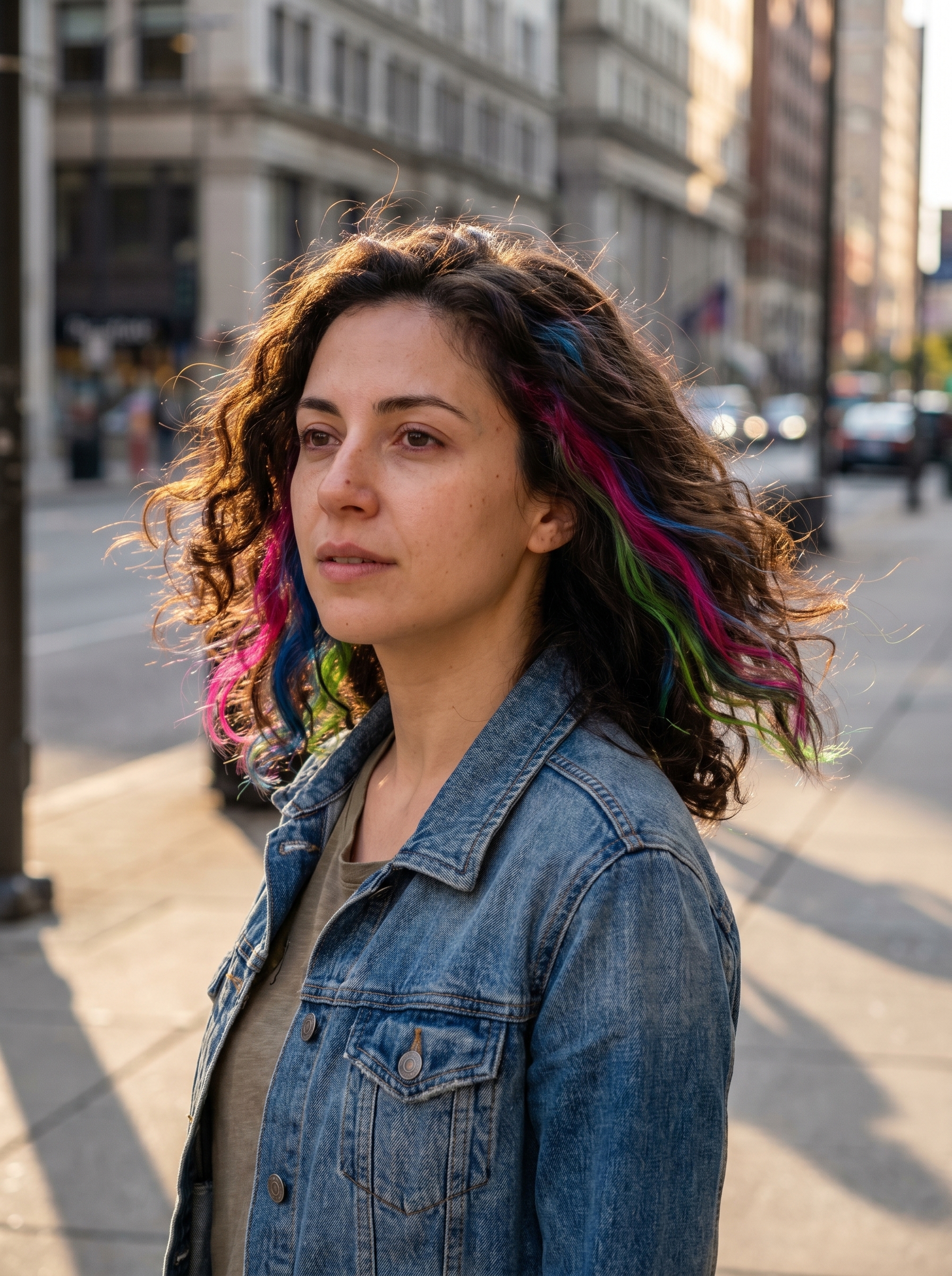 Playful Bio-Glitch Vivid Peek-a-Boos, an edgy and creative style for trendy haircuts summer 2026. Features natural brunette hair with hidden pops of vivid pink, electric blue, and neon green.