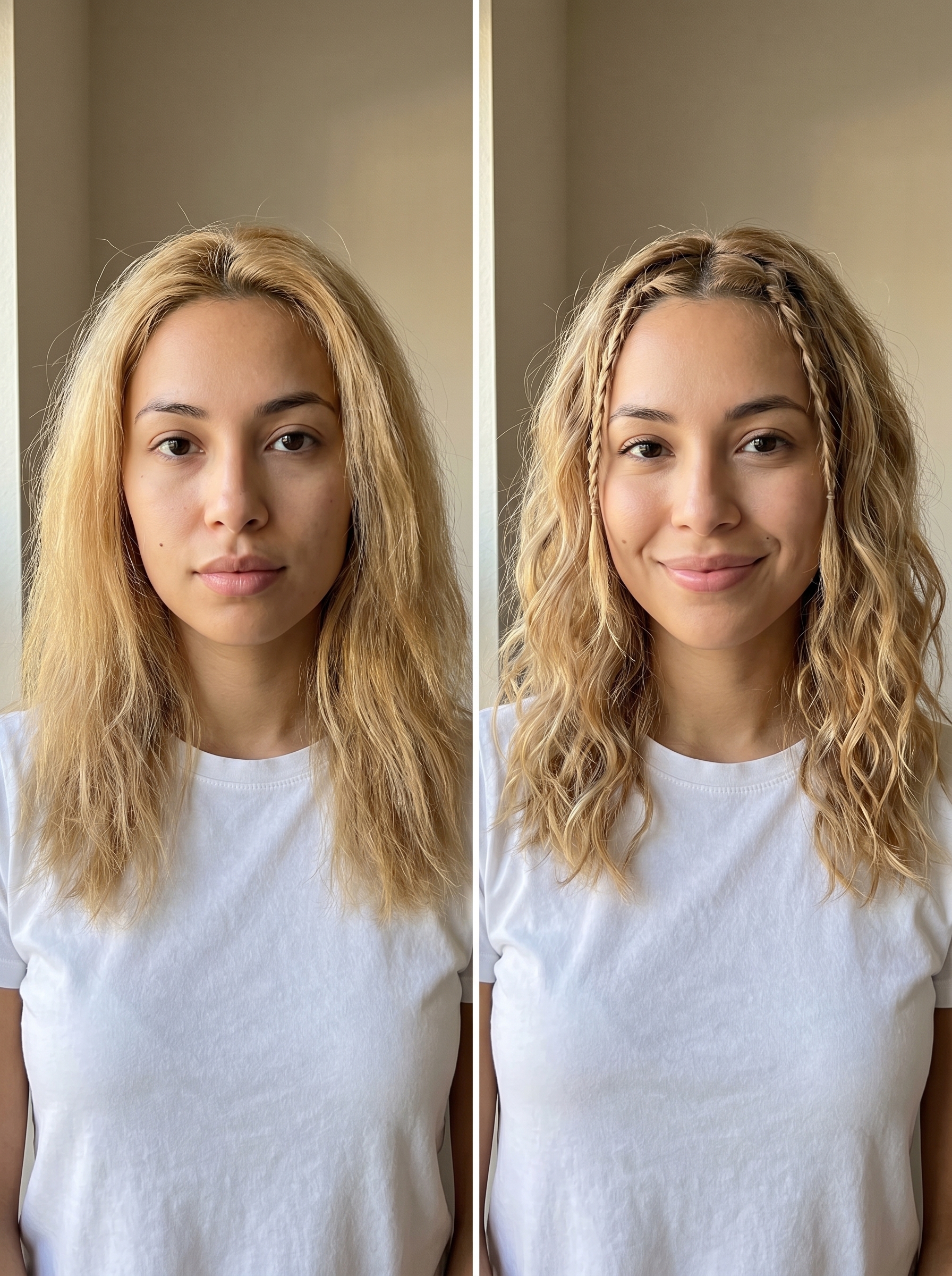 An effortless Coastal Cowgirl Braided Face Frame, a bohemian and relaxed style for trendy haircuts summer 2026. Features warm blonde and natural brunette tones with texturizing spray.