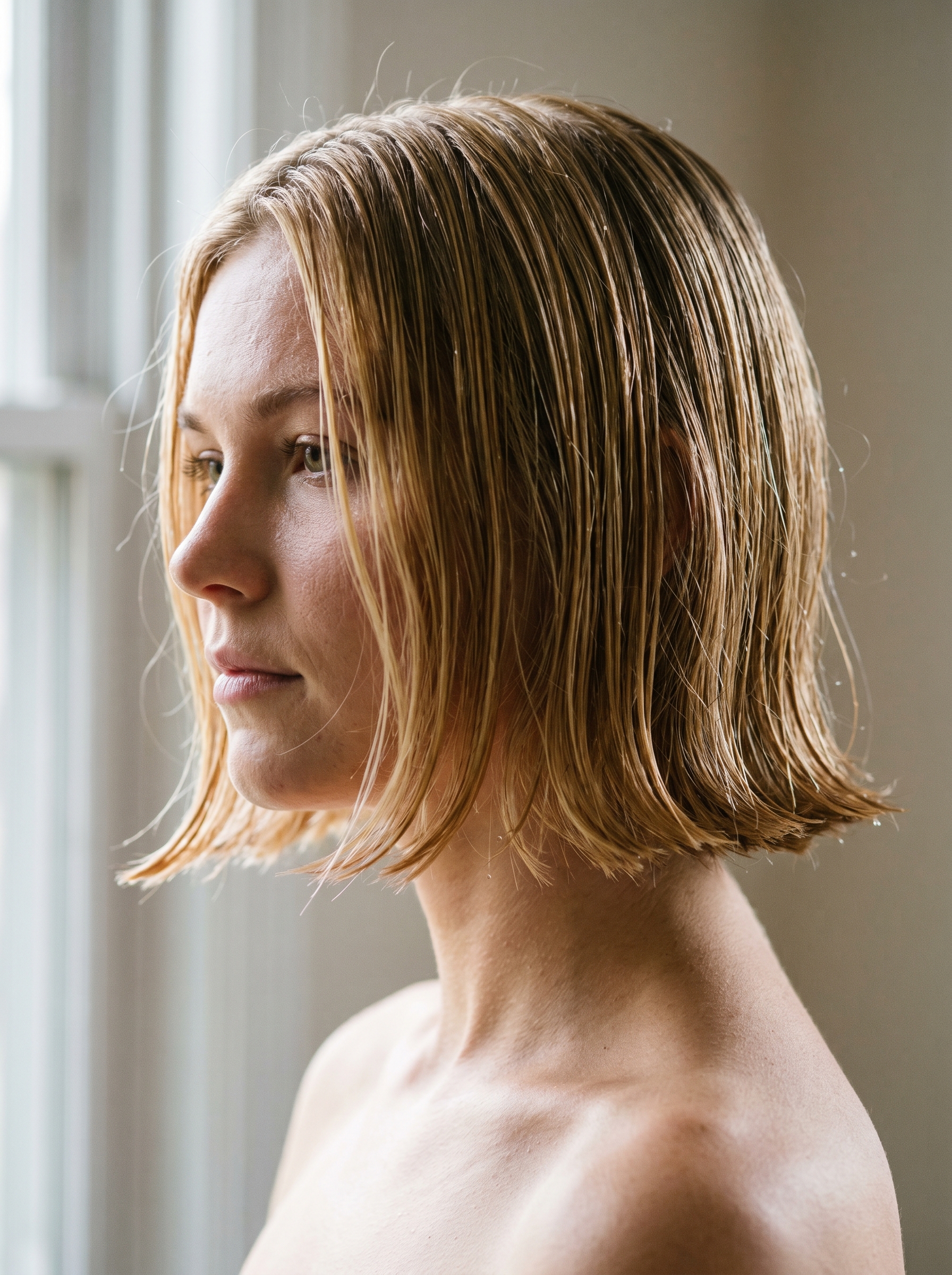 A chic Nectar Hydro-Bob haircut with a luxurious wet-look finish, a top pick for trendy haircuts summer 2026. This modern golden blonde style is ideal for date nights or outdoor events.