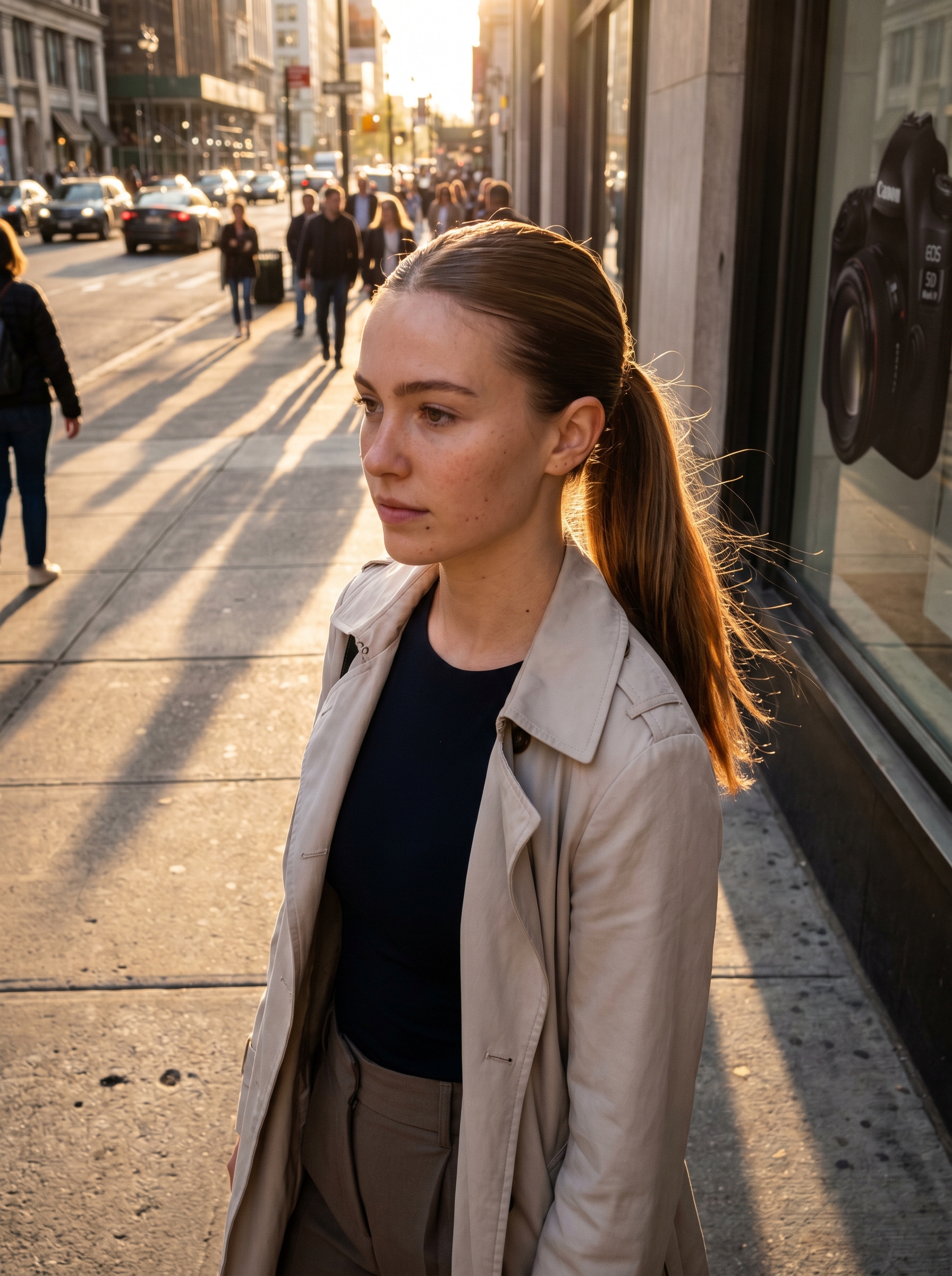 A sleek 'Scandi-Slick Pony-Tail Cut with Air-Drying Mapping', a clean and active trendy haircut for summer 2026. This natural brunette style features a high, slicked-back ponytail achieved with edge control gel and a boar bristle brush, perfect for gym or outdoor activities.
