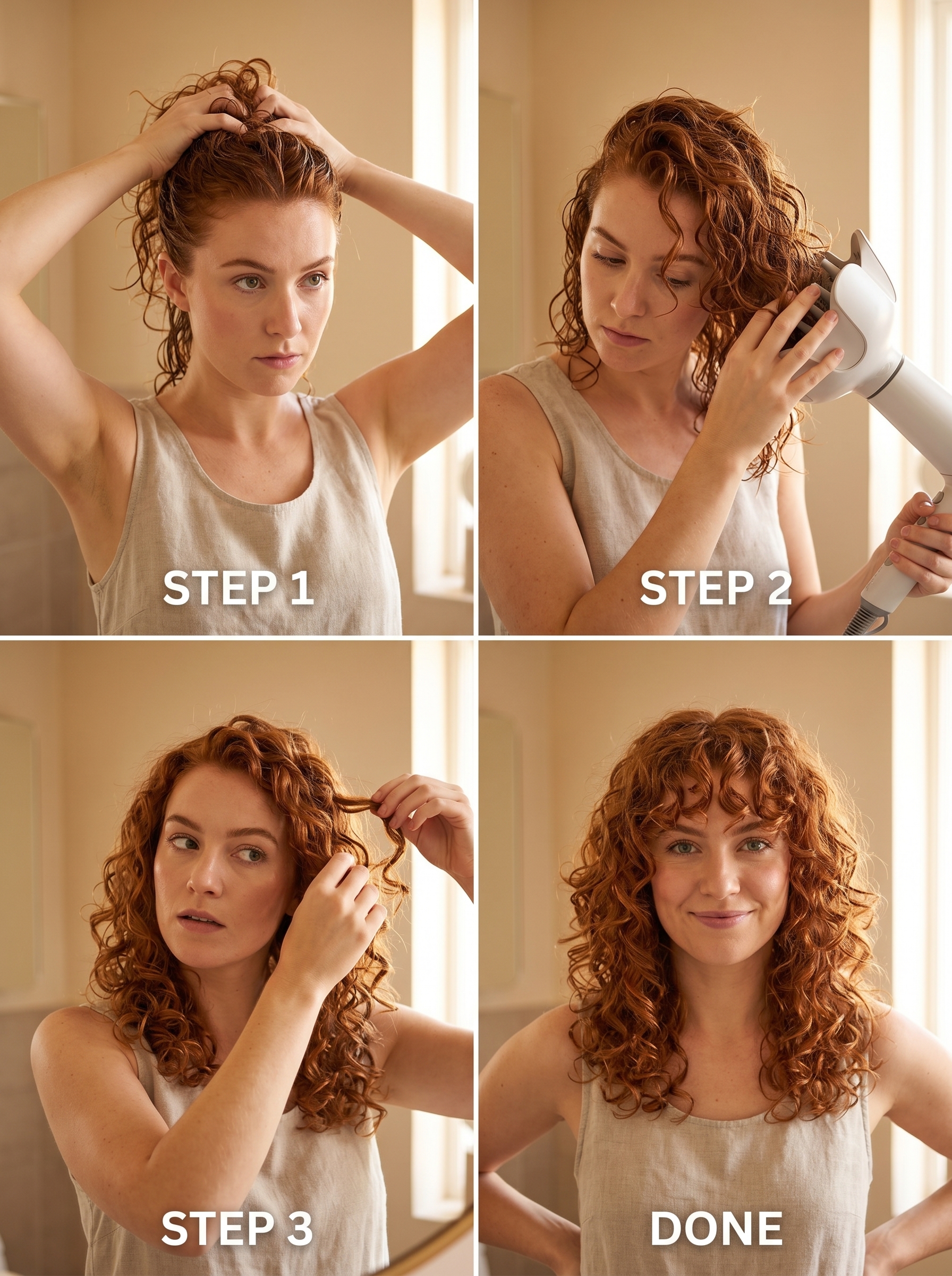 An effortless Terracotta Copper Curtain-Fringe Shag 2.0, a bohemian and warm look for trendy haircuts summer 2026. Features earthy red/copper tones with wavy texture and a diffuser-styled shag.