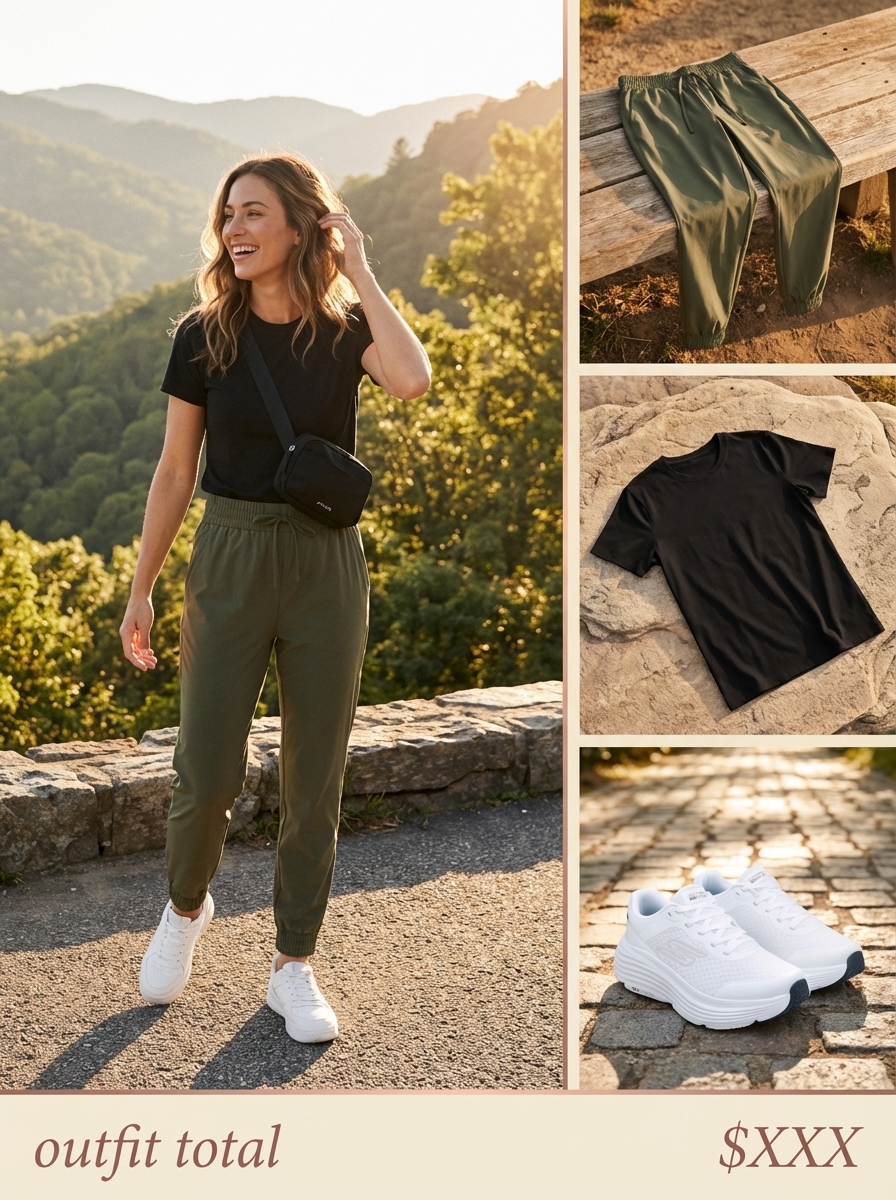 Olive green lightweight joggers with a black t-shirt and white walking sneakers for active vacation outfits summer. Worn with a black belt bag crossbody.