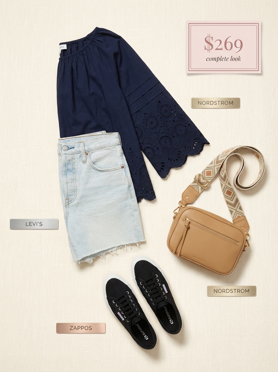 Navy blue embroidered peasant blouse with light wash denim shorts, white sneakers, and a tan crossbody bag, chic vacation outfits summer.