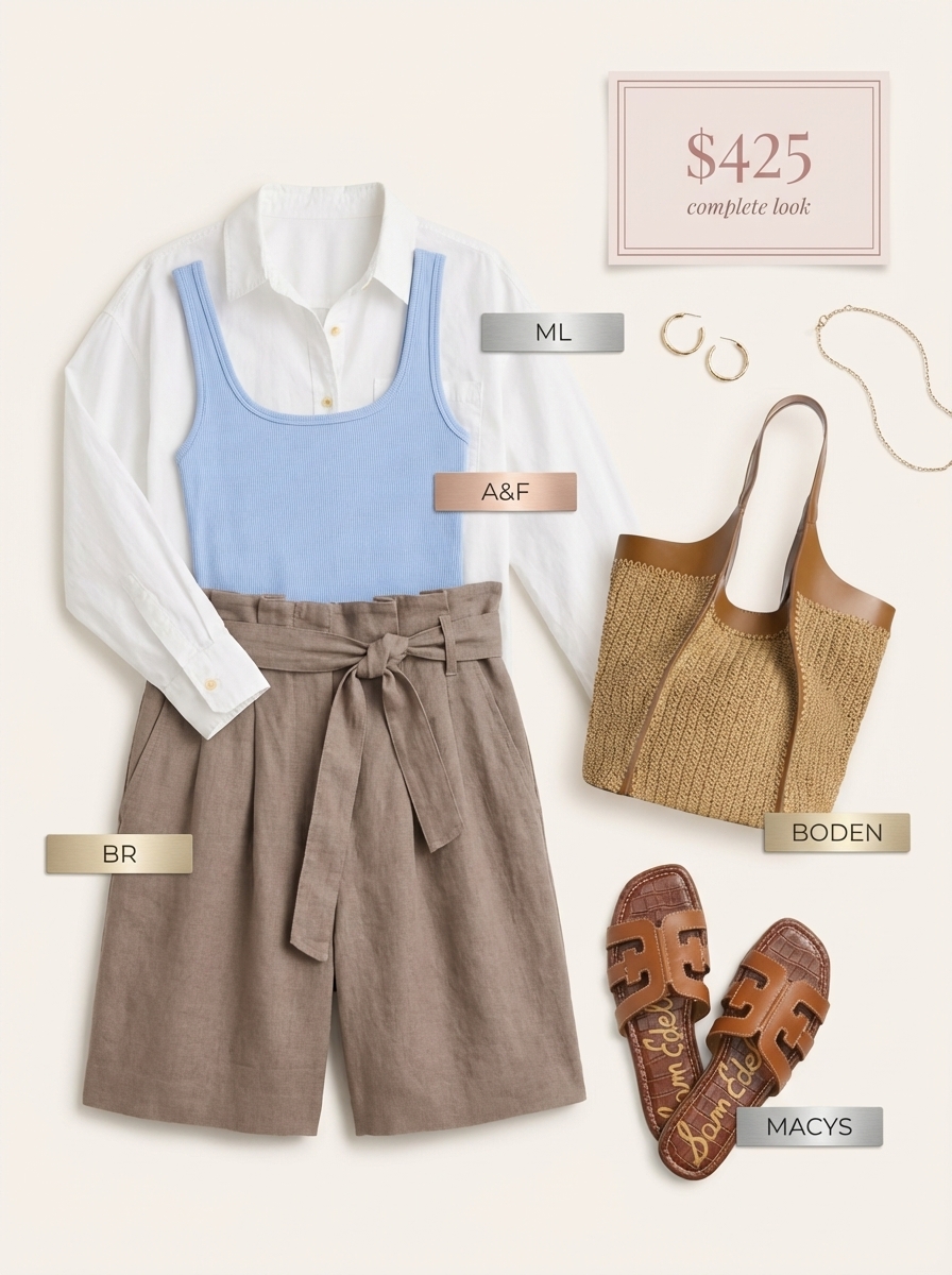 Chic white oversized button-down shirt layered over a sky blue tank and tan linen shorts, ideal for fresh vacation outfits summer. Styled with leather slides and straw tote.
