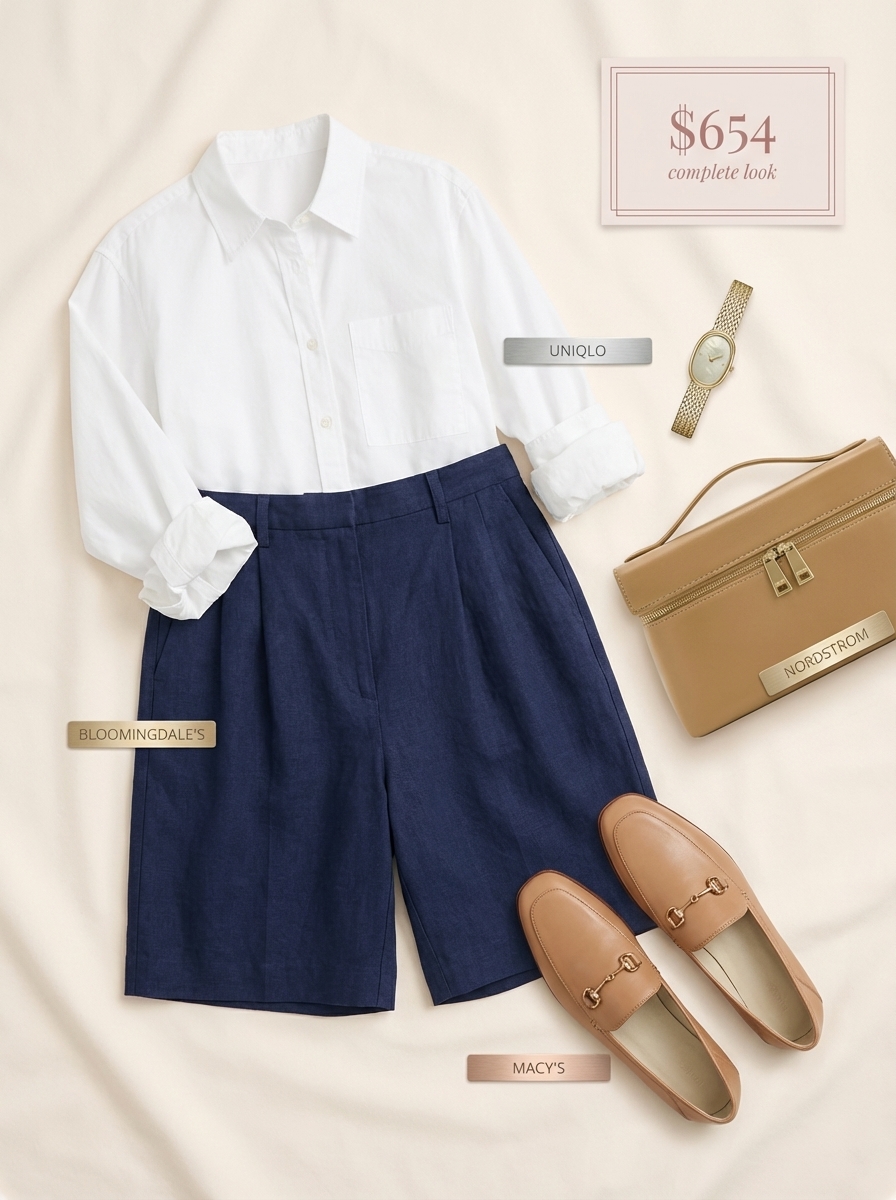Urban city break outfit with navy linen Bermuda shorts, white button-down, tan loafers, for vacation outfits summer.