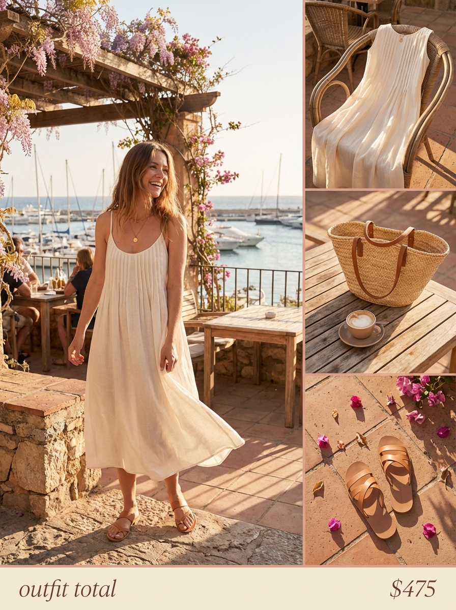 Nautical navy and white stripe top with beige linen shorts, perfect for vacation outfits summer brunch. Styled with espadrilles, gold necklace, and woven tote.
