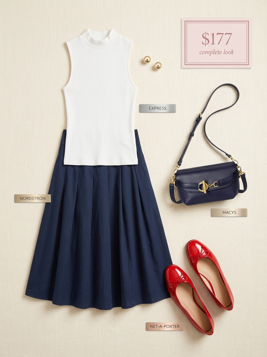 Sophisticated navy midi skirt, white sleeveless top, and red ballet flats for vacation outfits summer city explorations.