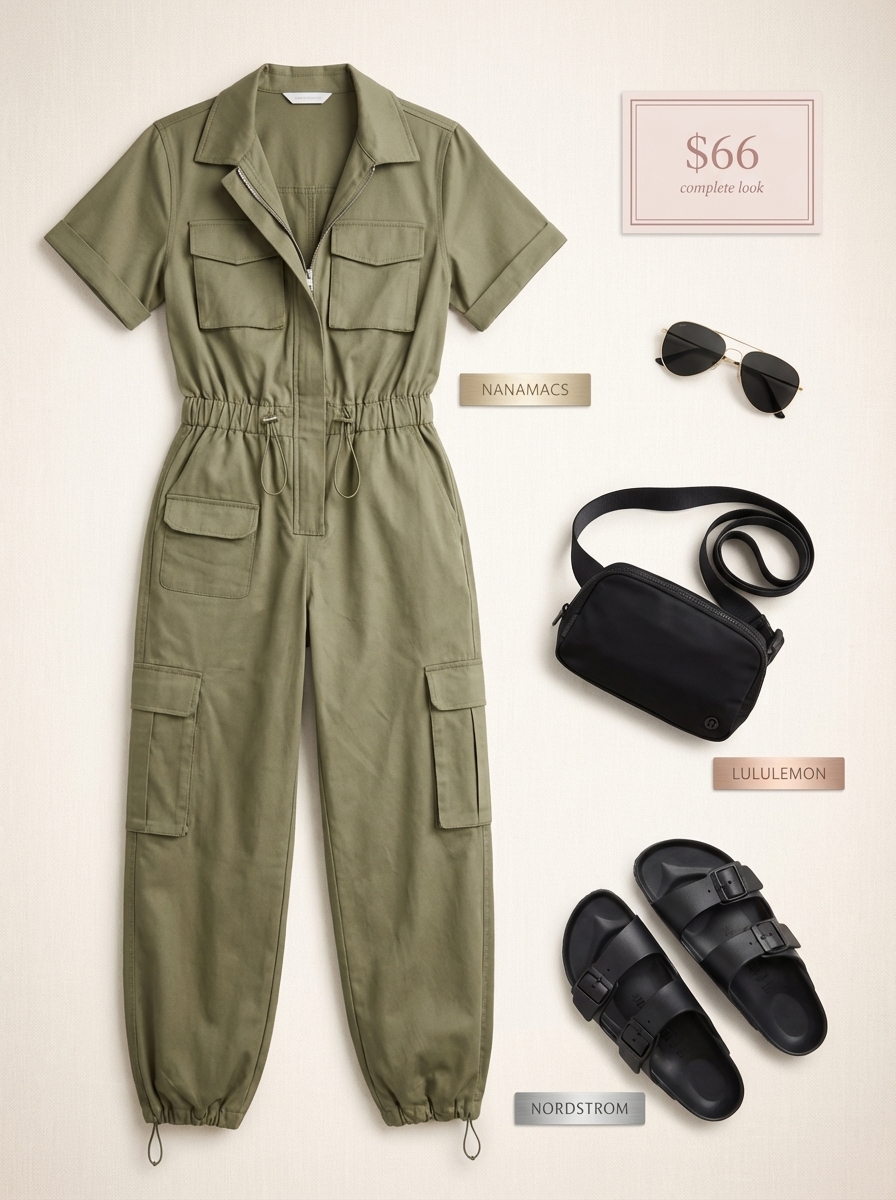 Khaki green utility jumpsuit with black chunky sandals and belt bag, ideal for adventure vacation outfits summer. Accessorized with gold aviator sunglasses.