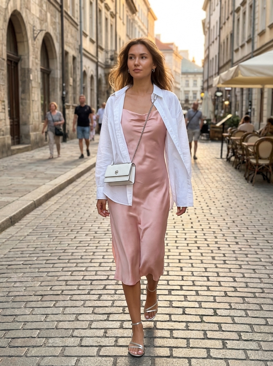 Blush pink satin slip dress with white oversized button-down and silver sandals for vacation outfits summer.