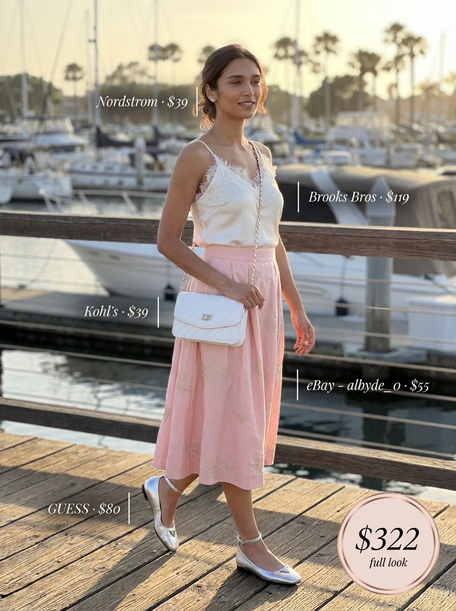 Feminine pale pink eyelet midi skirt, white lace camisole, and silver ballet flats for vacation outfits summer party.