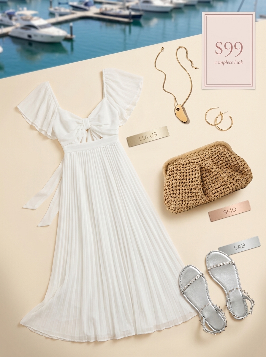 White crinkle cotton maxi dress with gold sandals and beige straw clutch for vacation outfits summer dinner.