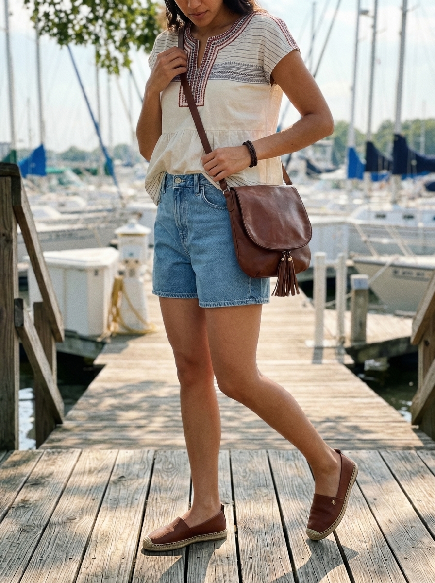 Indigo denim shorts with a cream embroidered peasant blouse, espadrille flats, and a leather crossbody, charming vacation outfits summer.