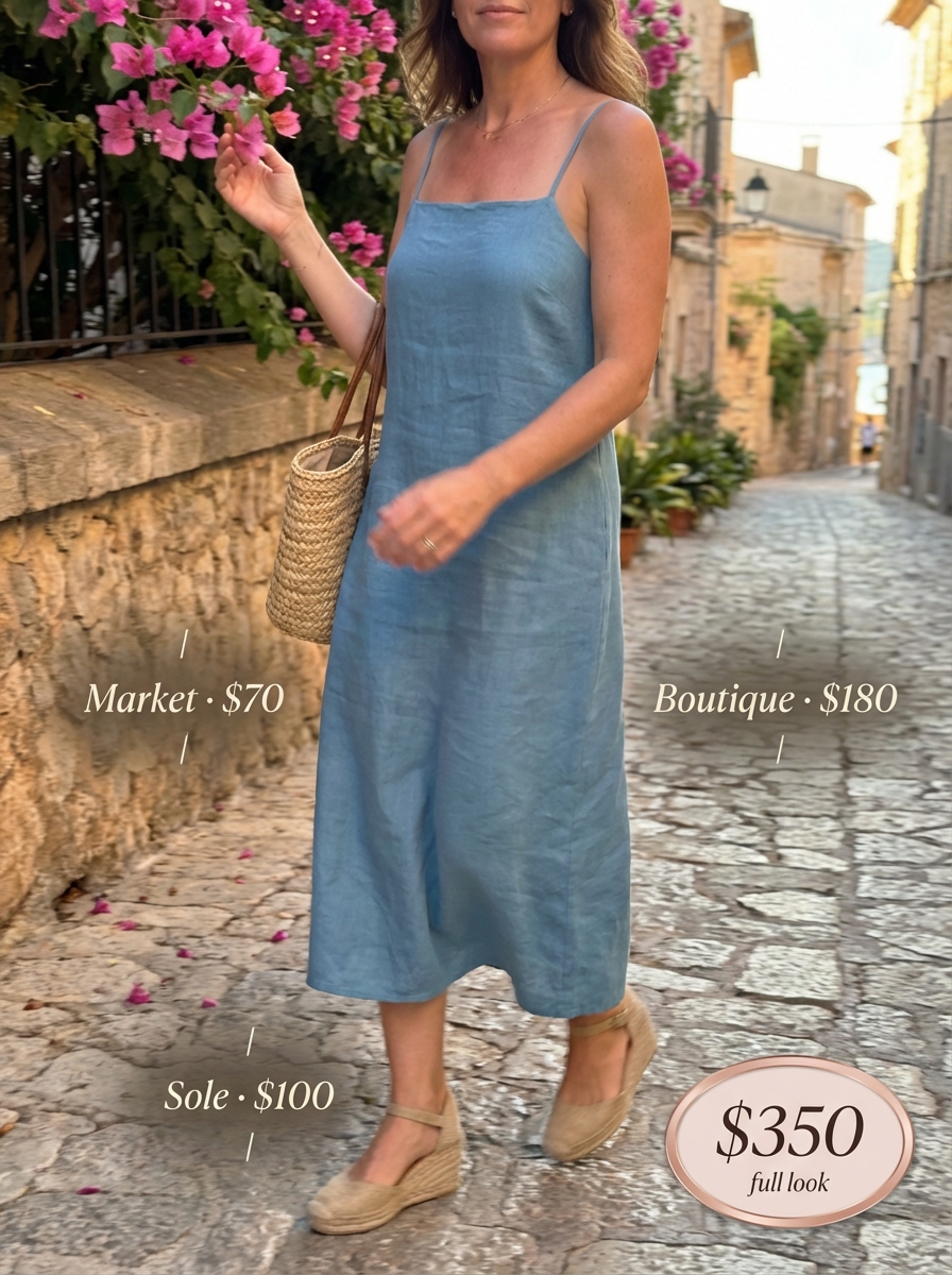 Charming lavender smocked midi sundress with espadrille sandals and a woven market basket bag, perfect for delightful vacation outfits summer. Accessorized with a silver bracelet.