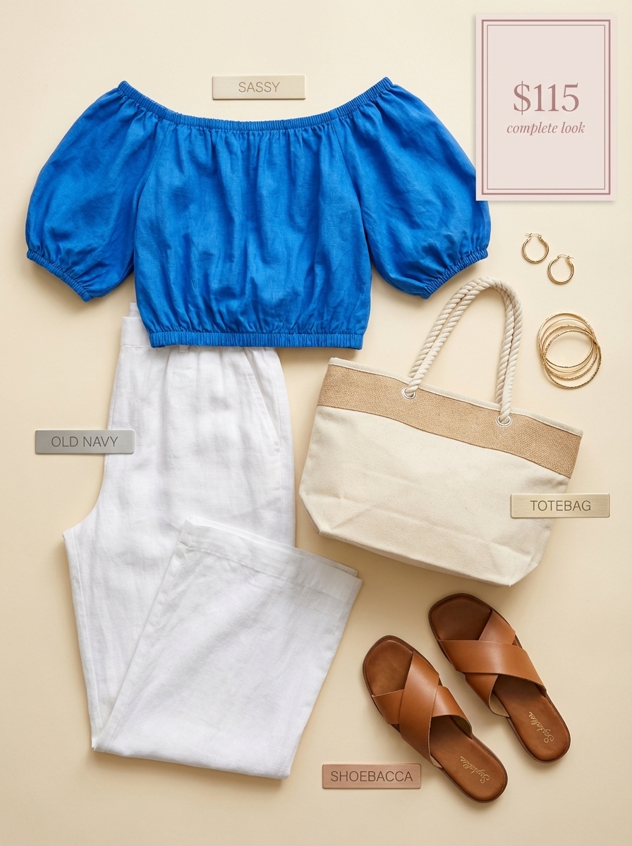 Chic cobalt blue off-shoulder top, white linen pants, tan slides, and canvas tote for vacation outfits summer activities.