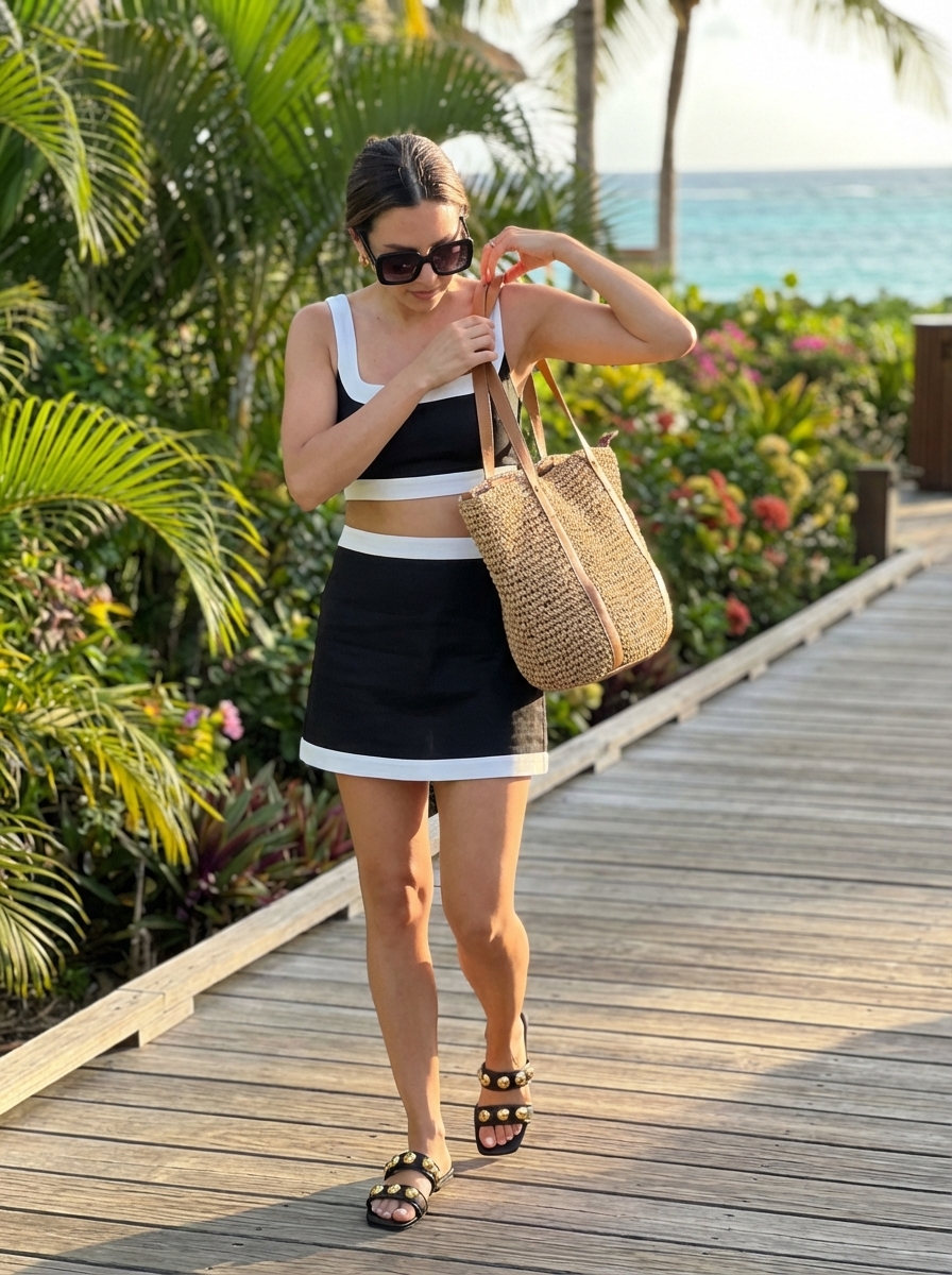 Black and white striped linen two-piece set with embellished slide sandals, an oversized straw tote, and sunglasses for vacation outfits summer.