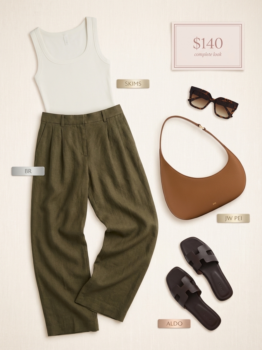 Relaxed olive green wide-leg linen pants with off-white tank top and brown slides for vacation outfits summer.