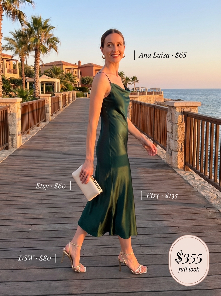 Deep teal satin midi slip dress with gold stiletto sandals and nude clutch, perfect for romantic vacation outfits summer evenings. Accessorized with delicate gold hoops.