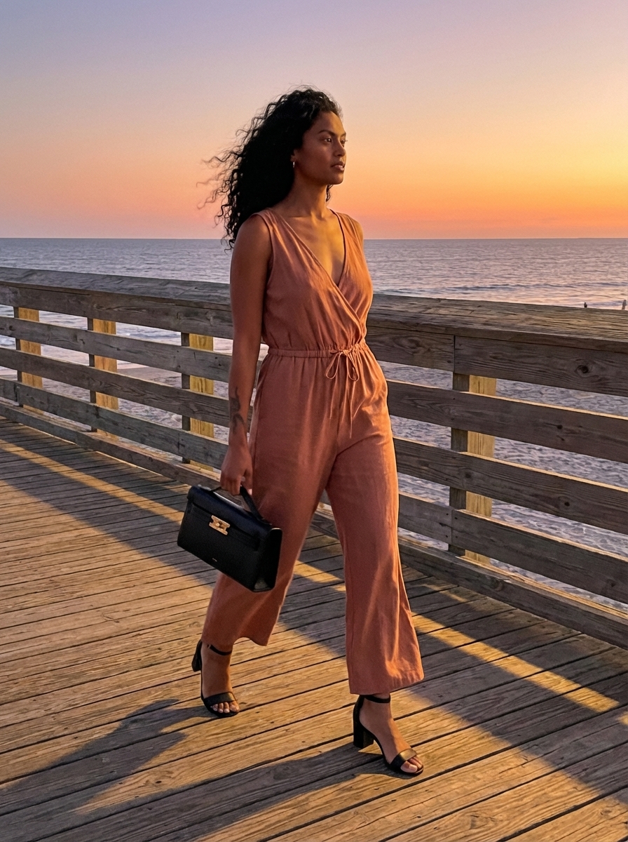 Sophisticated terracotta wide-leg jumpsuit, black heels, and gold earrings for vacation outfits summer evening.