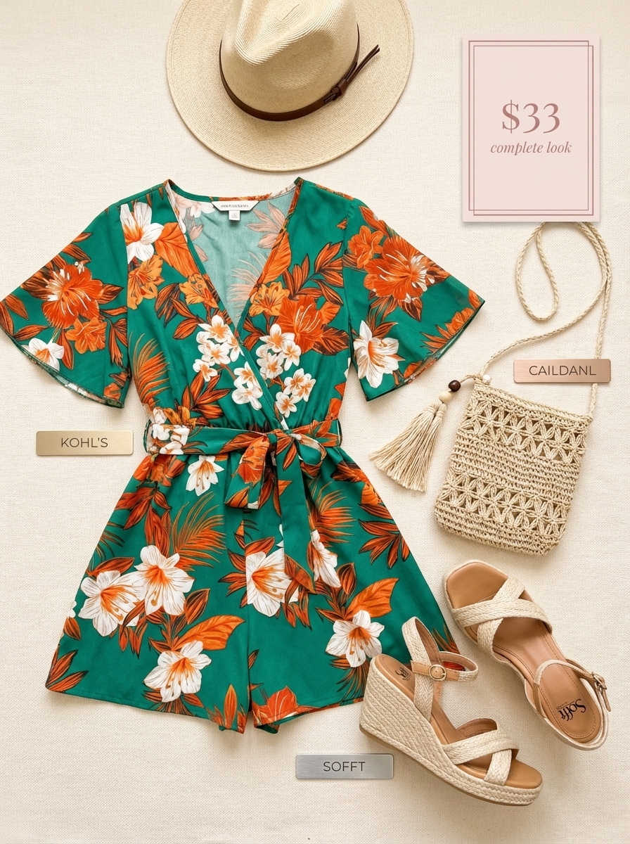 Playful coral and teal floral print romper with straw hat and espadrille sandals for vacation outfits summer brunch.