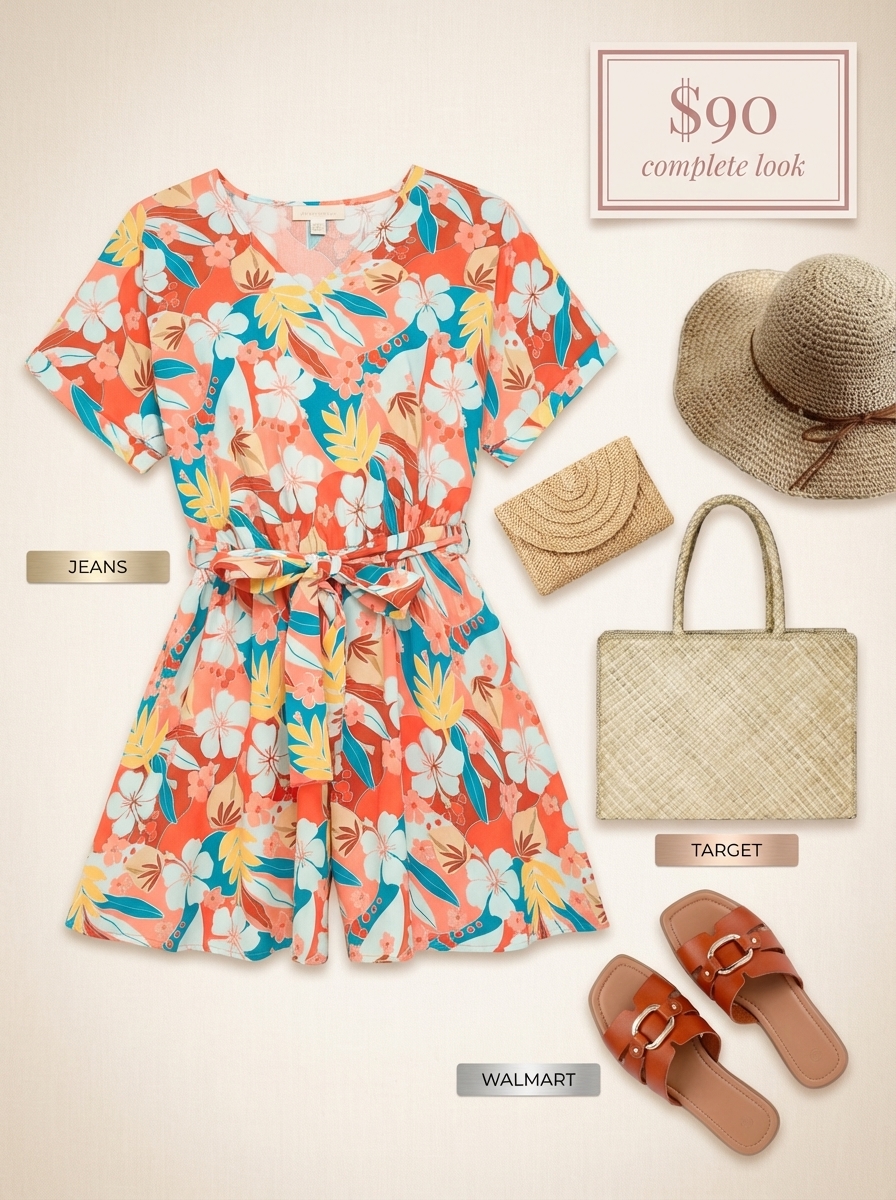 Coral and teal floral print romper paired with flat slide sandals, a straw tote bag, and a wide-brim hat, ideal vacation outfits summer.